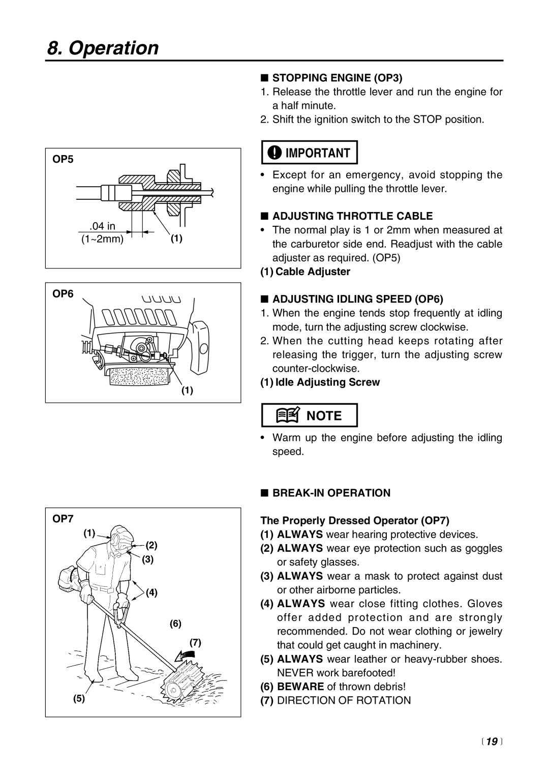 Zenoah RMSZ2500 OP5, OP6 OP7 Stopping Engine OP3, Adjusting Throttle Cable, Adjusting Idling Speed OP6, BREAK-IN Operation 