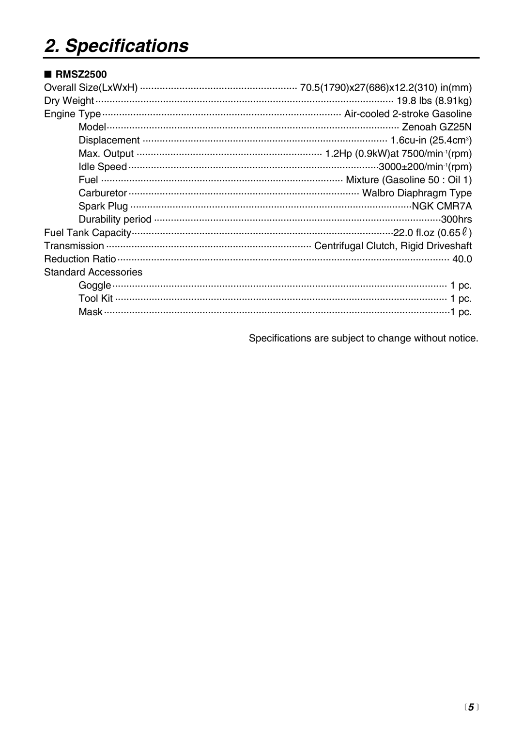 Zenoah RMSZ2500 manual Specifications 