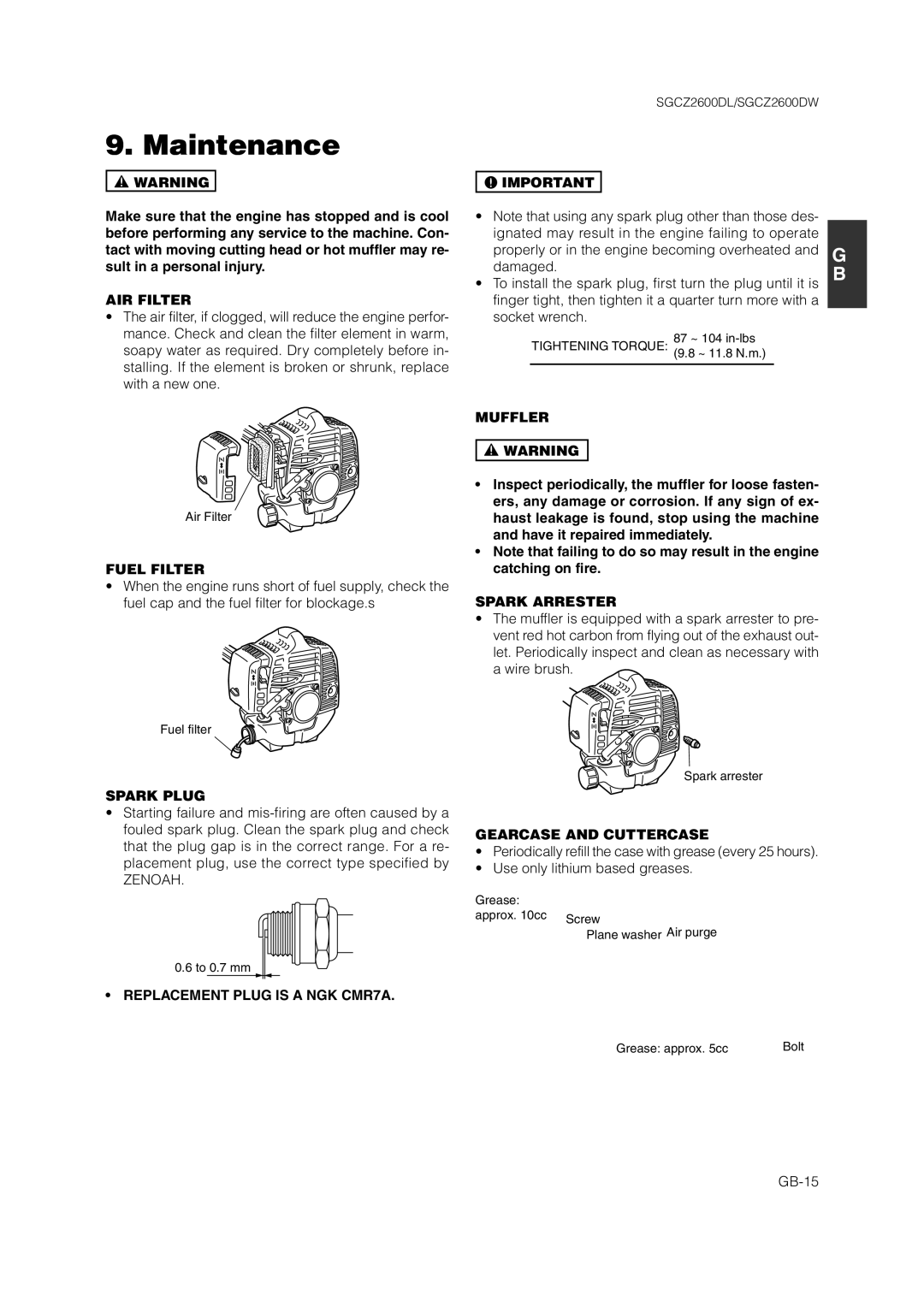 Zenoah SGCZ2600 owner manual AIR Filter, Fuel Filter, Spark Plug, Replacement Plug is a NGK CMR7A, Muffler, Spark Arrester 