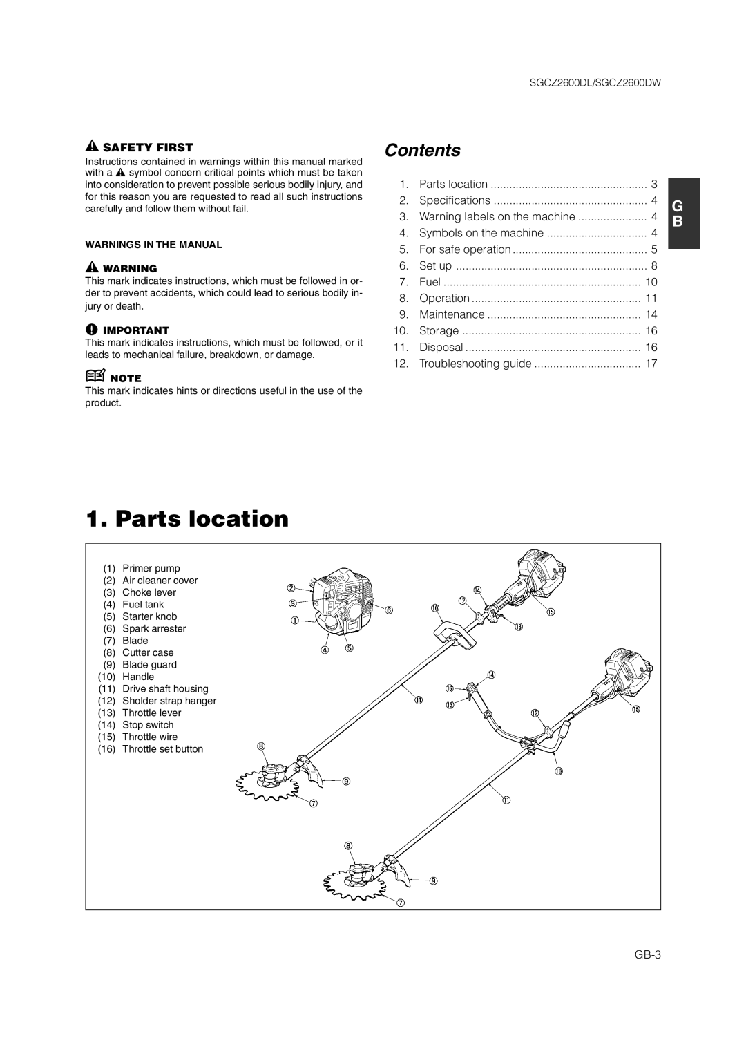 Zenoah SGCZ2600 owner manual Parts location, Contents 