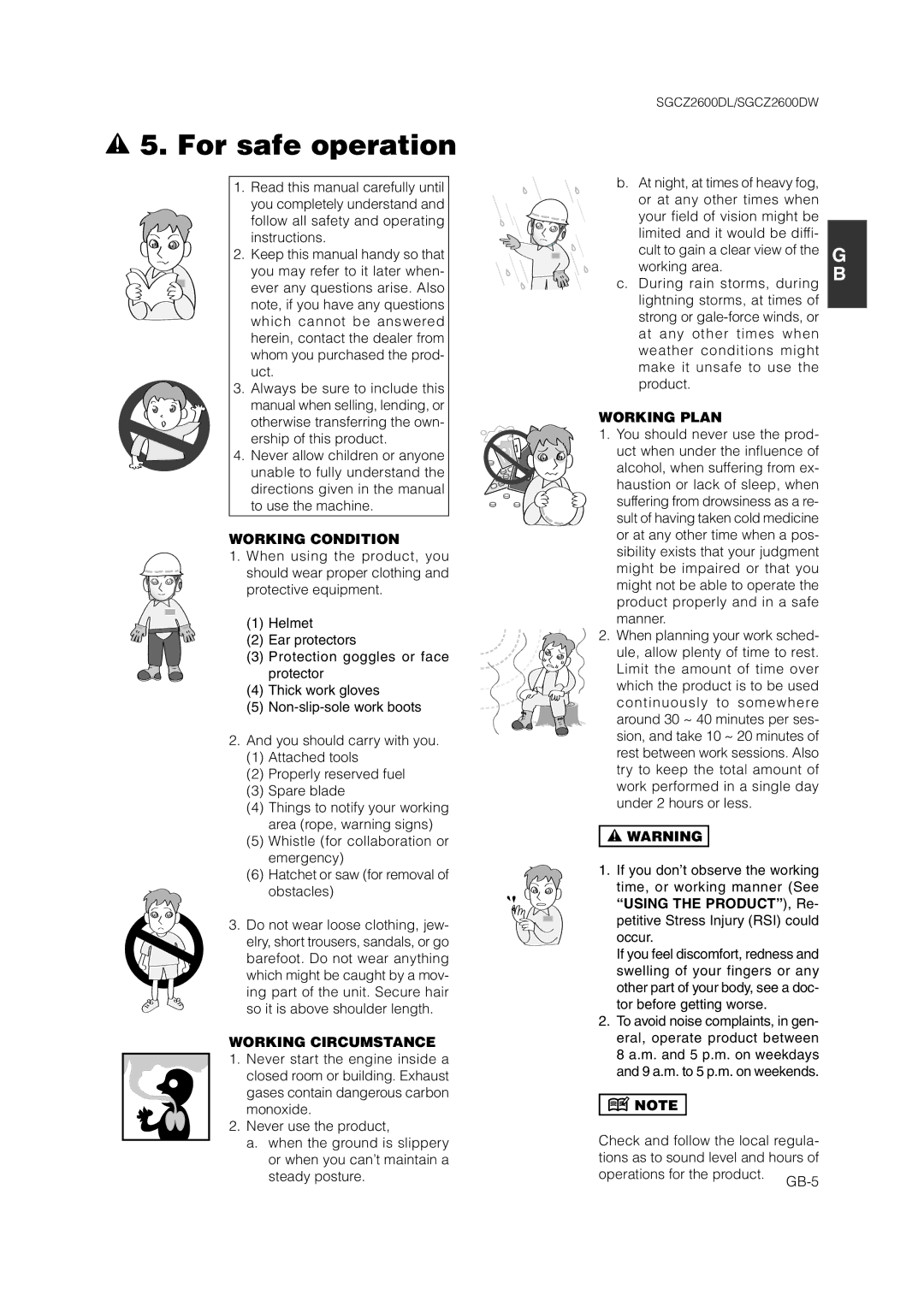 Zenoah SGCZ2600 owner manual For safe operation, Working Condition, Working Circumstance, Working Plan 