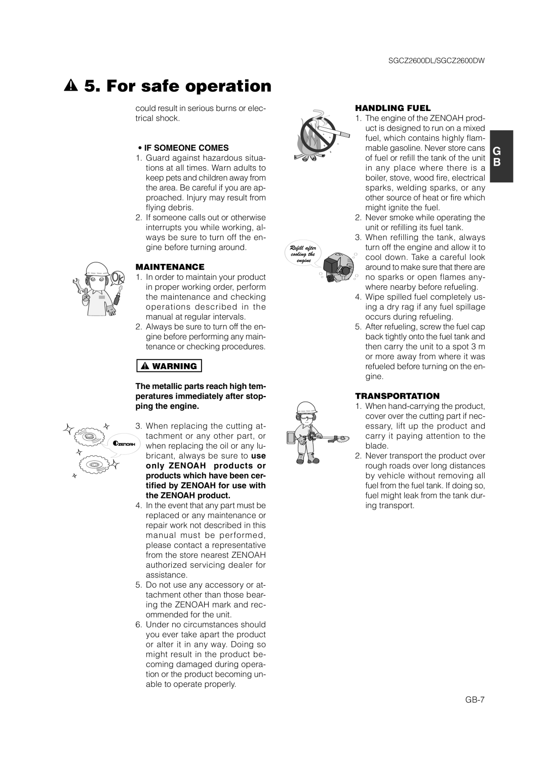 Zenoah SGCZ2600 owner manual If Someone Comes, Maintenance, Handling Fuel, Transportation 