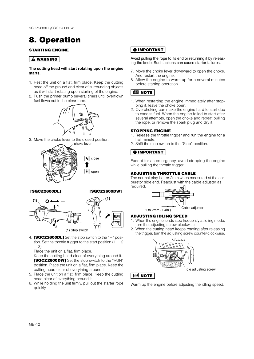 Zenoah SGCZ2600DL Operation, Starting Engine, Stopping Engine, Adjusting Throttle Cable, Adjusting Idling Speed 