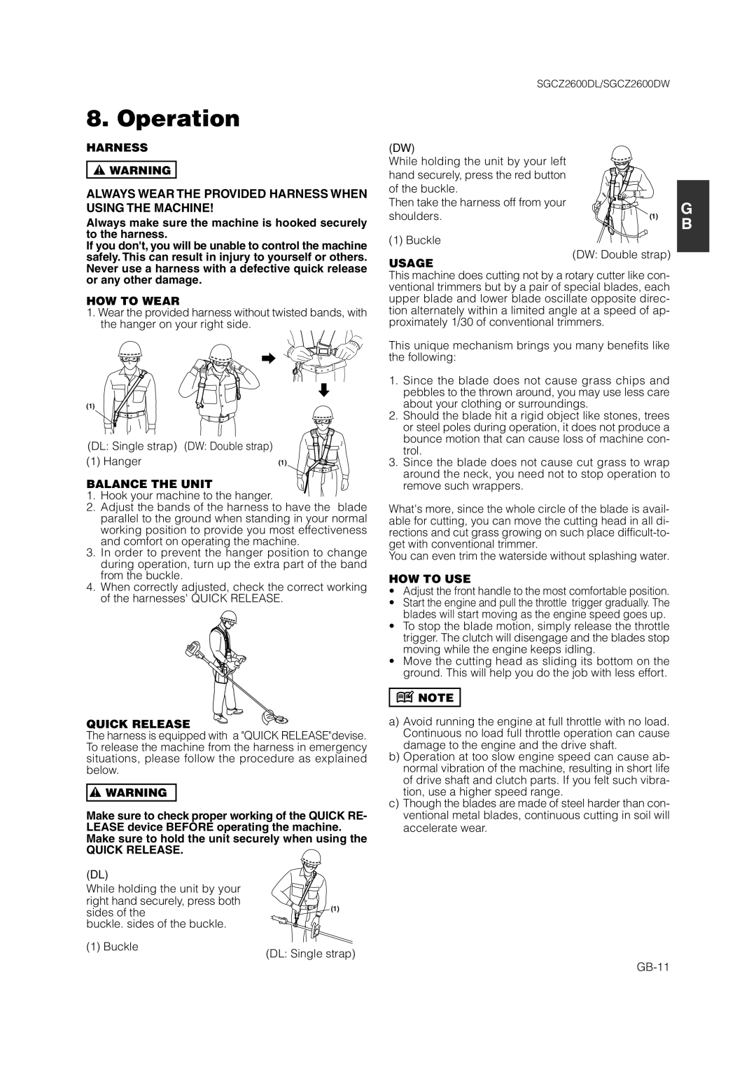 Zenoah SGCZ2600DW, SGCZ2600DL owner manual Harness, HOW to Wear, Balance the Unit, Quick Release, Usage, HOW to USE 