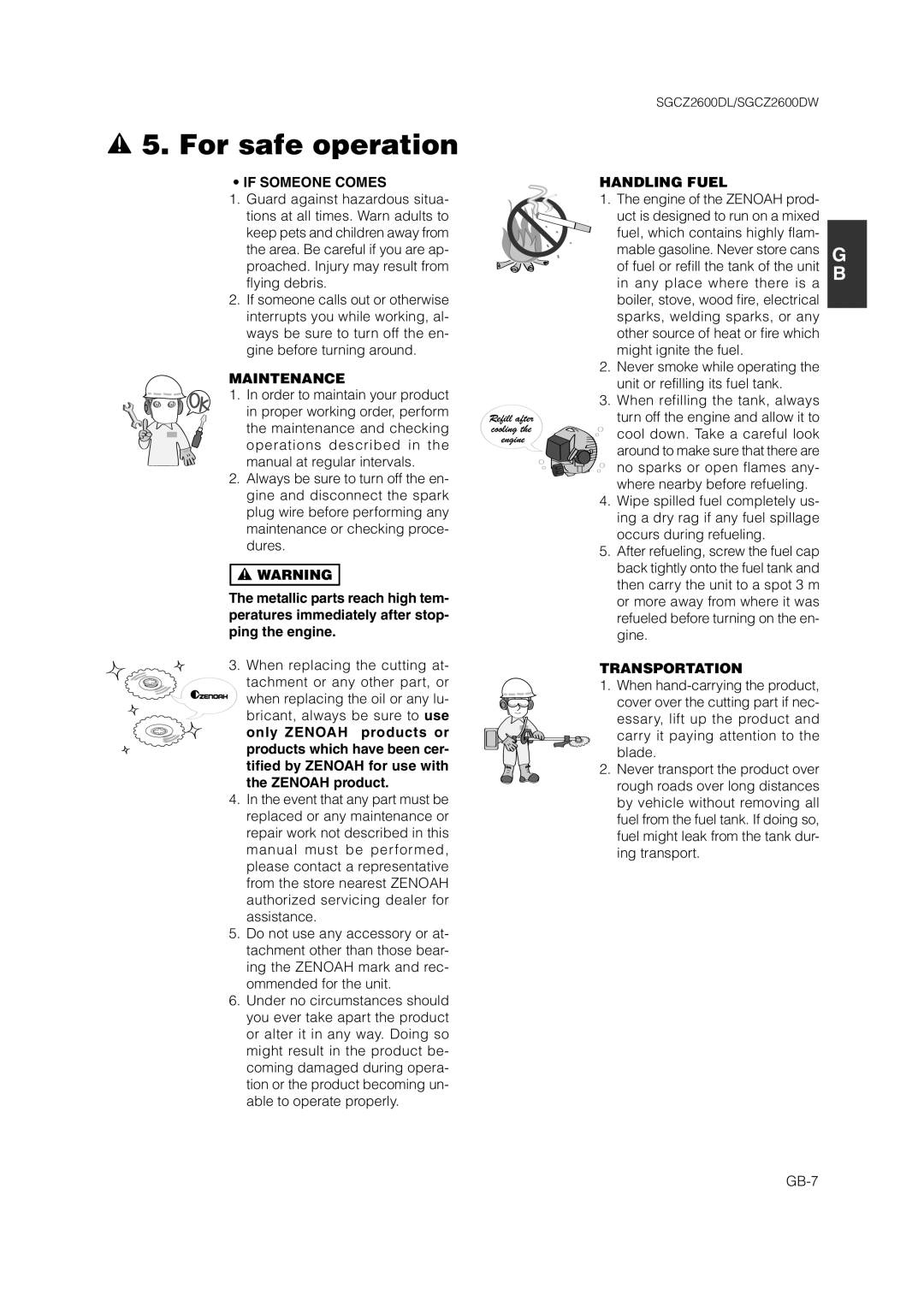 Zenoah SGCZ2600DW, SGCZ2600DL owner manual If Someone Comes, Maintenance, Handling Fuel, Transportation 