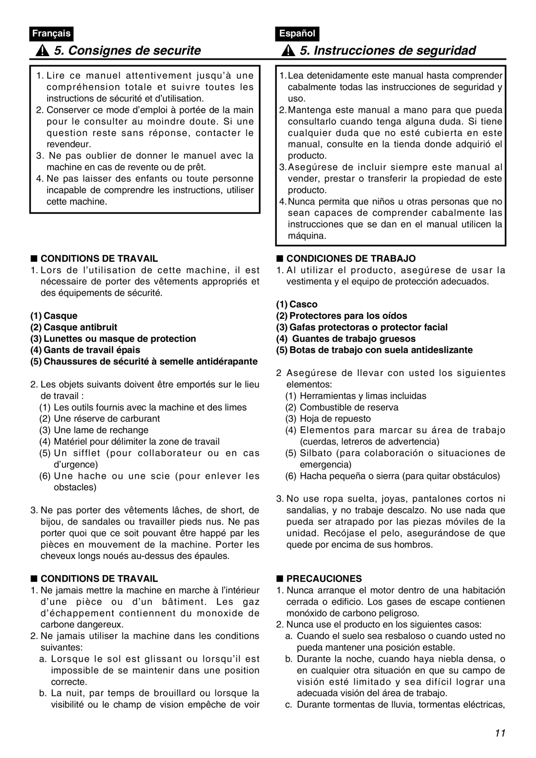 Zenoah SRTZ2401 manual Consignes de securite Instrucciones de seguridad, Conditions DE Travail, Condiciones DE Trabajo 