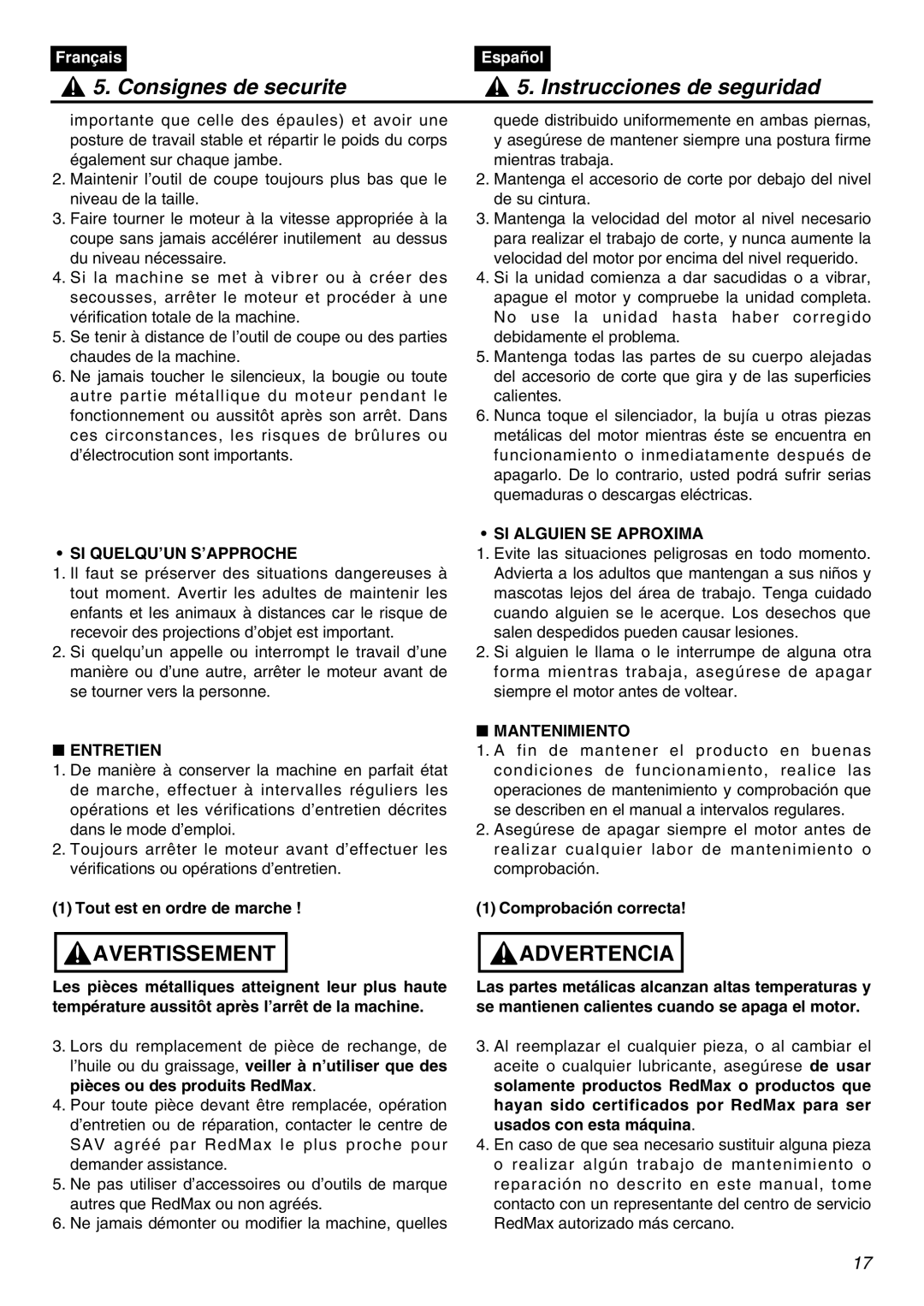 Zenoah SRTZ2401 manual Si Quelqu’Un S’Approche, Entretien, SI Alguien SE Aproxima, Mantenimiento 