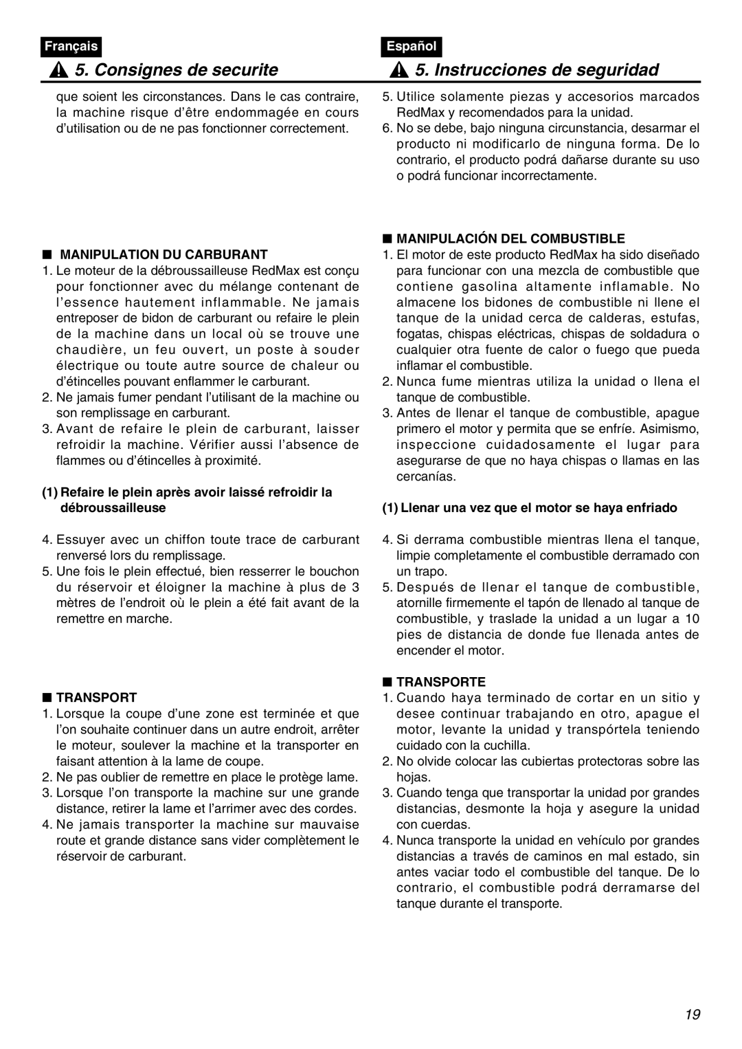 Zenoah SRTZ2401 Manipulation DU Carburant, Manipulación DEL Combustible, Llenar una vez que el motor se haya enfriado 