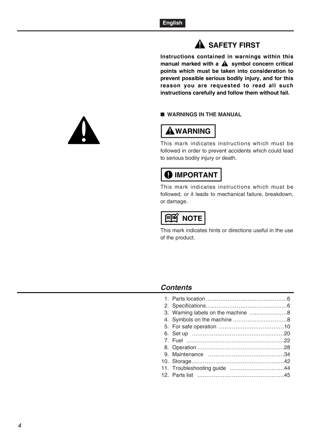 Zenoah SRTZ2401 manual Contents 