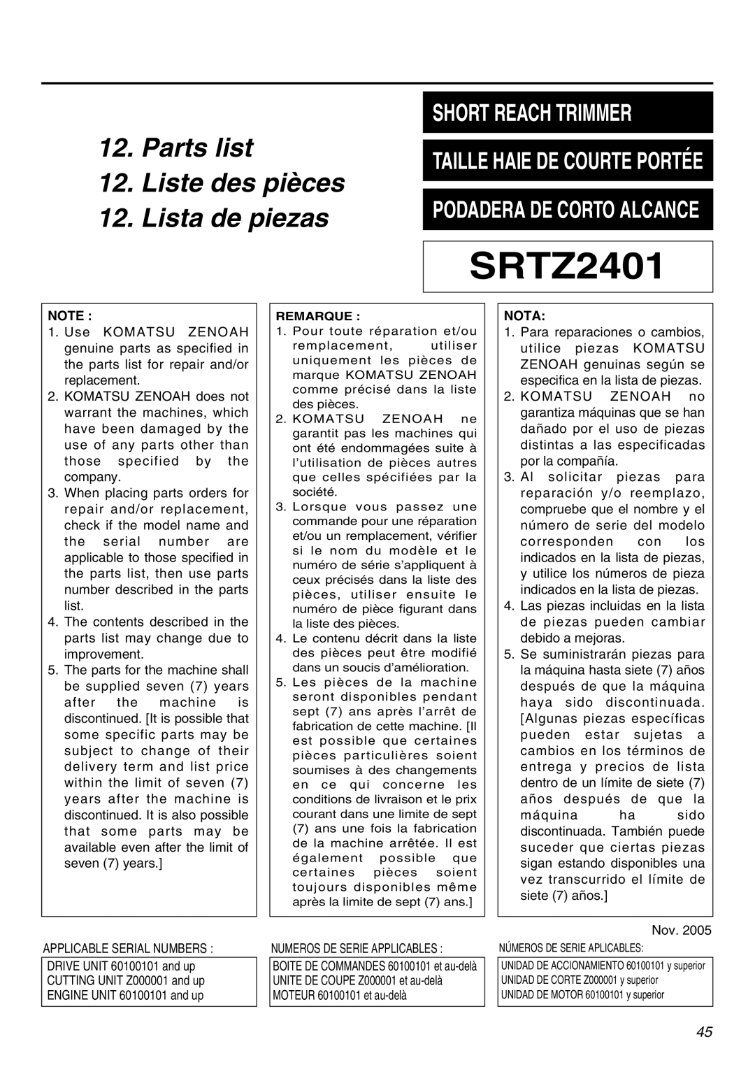 Zenoah SRTZ2401 manual Nota 