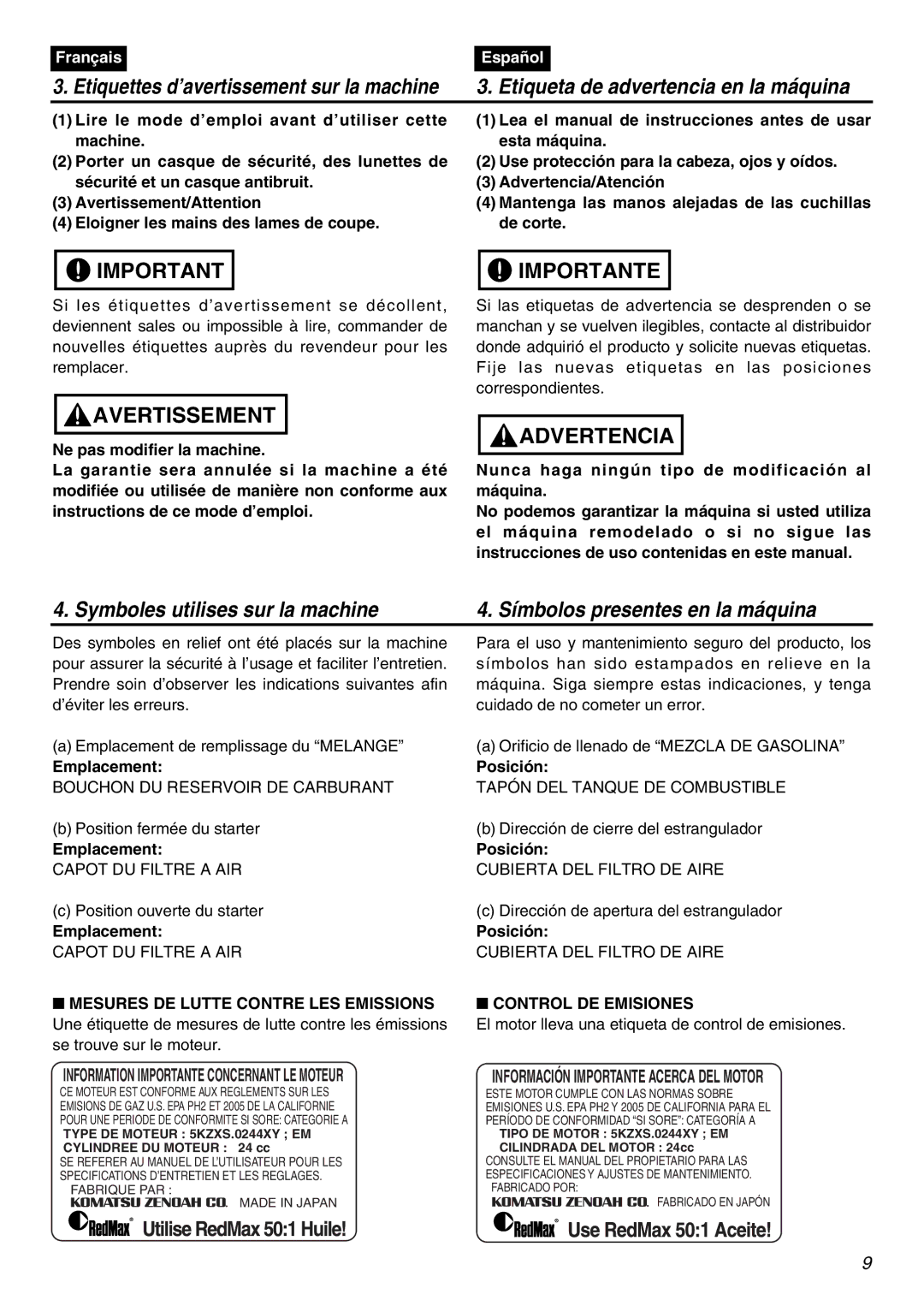 Zenoah SRTZ2401 manual Emplacement, Posición, Control DE Emisiones, Information Importante Concernant LE Moteur 