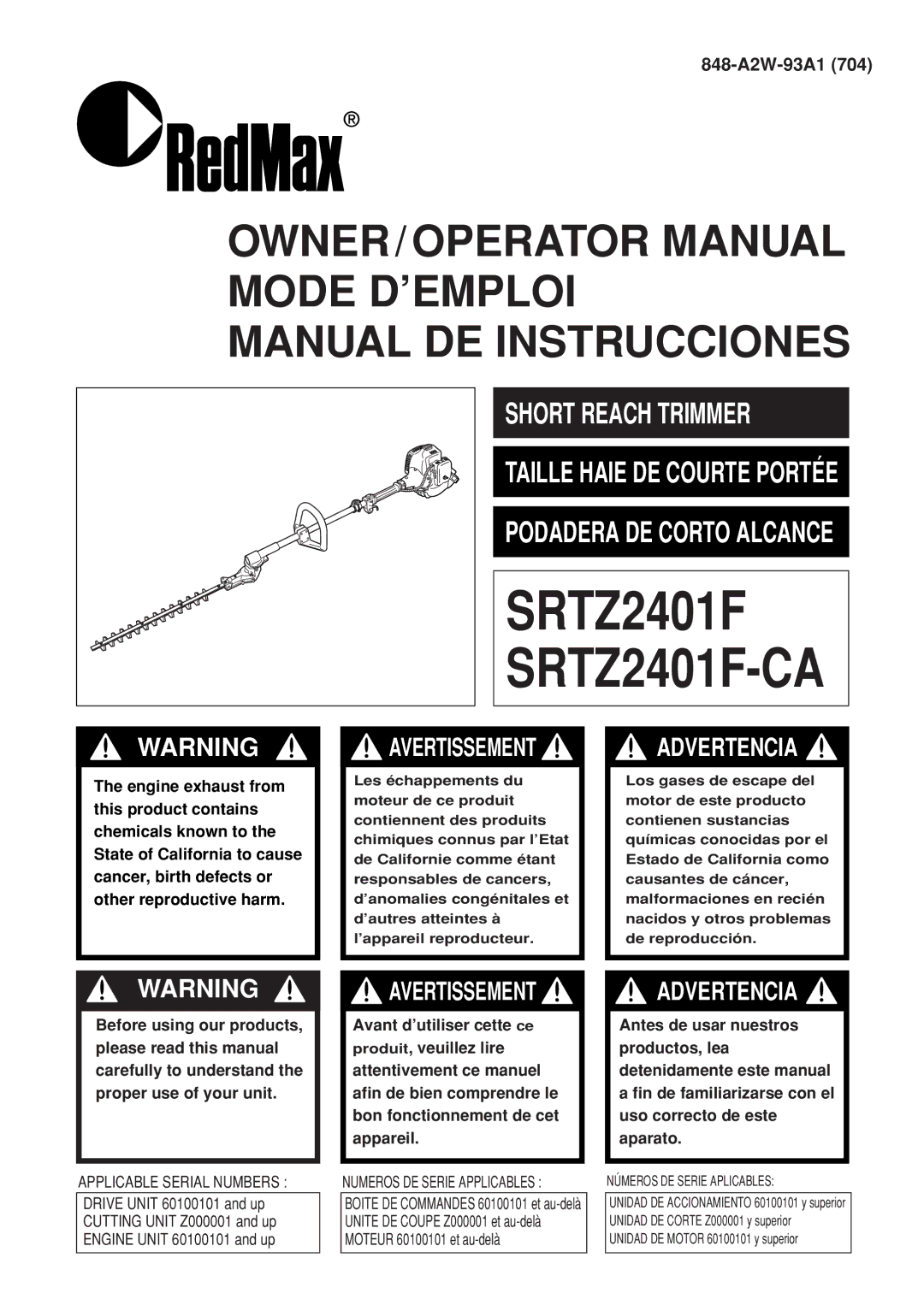 Zenoah manual SRTZ2401F SRTZ2401F-CA 