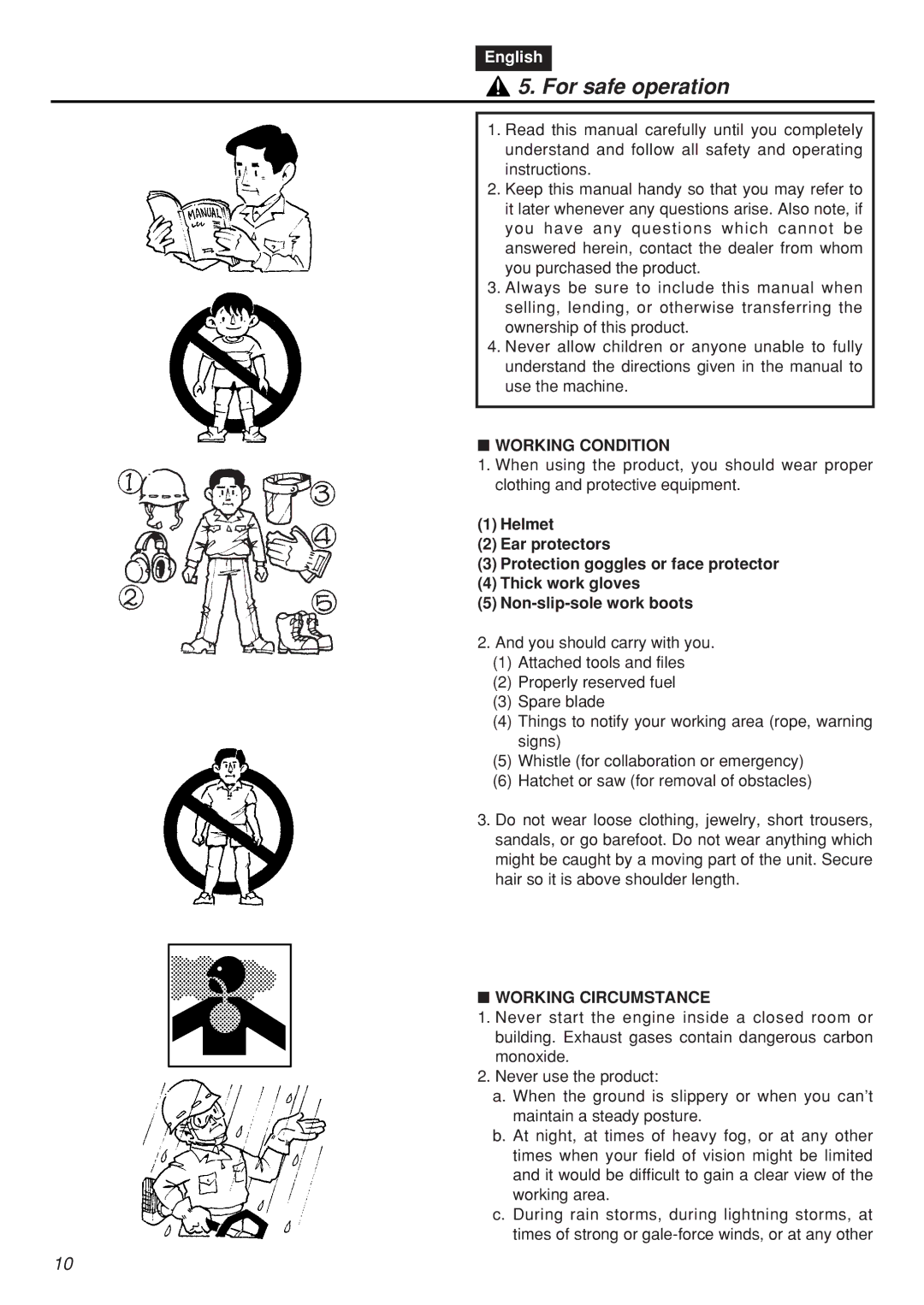 Zenoah SRTZ2401F-CA manual For safe operation, Working Condition, Working Circumstance 