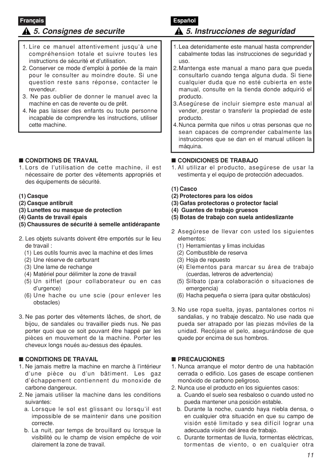 Zenoah SRTZ2401F-CA manual Consignes de securite Instrucciones de seguridad, Conditions DE Travail, Condiciones DE Trabajo 