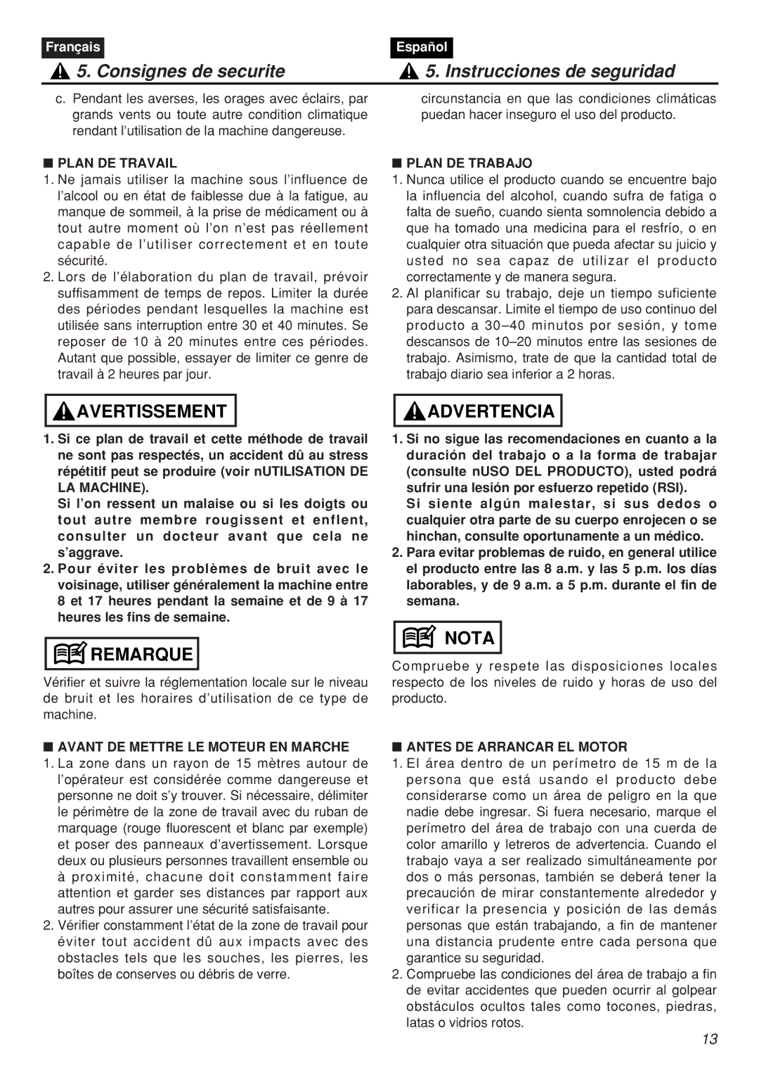 Zenoah SRTZ2401F-CA Plan DE Travail, Plan DE Trabajo, Avant DE Mettre LE Moteur EN Marche, Antes DE Arrancar EL Motor 