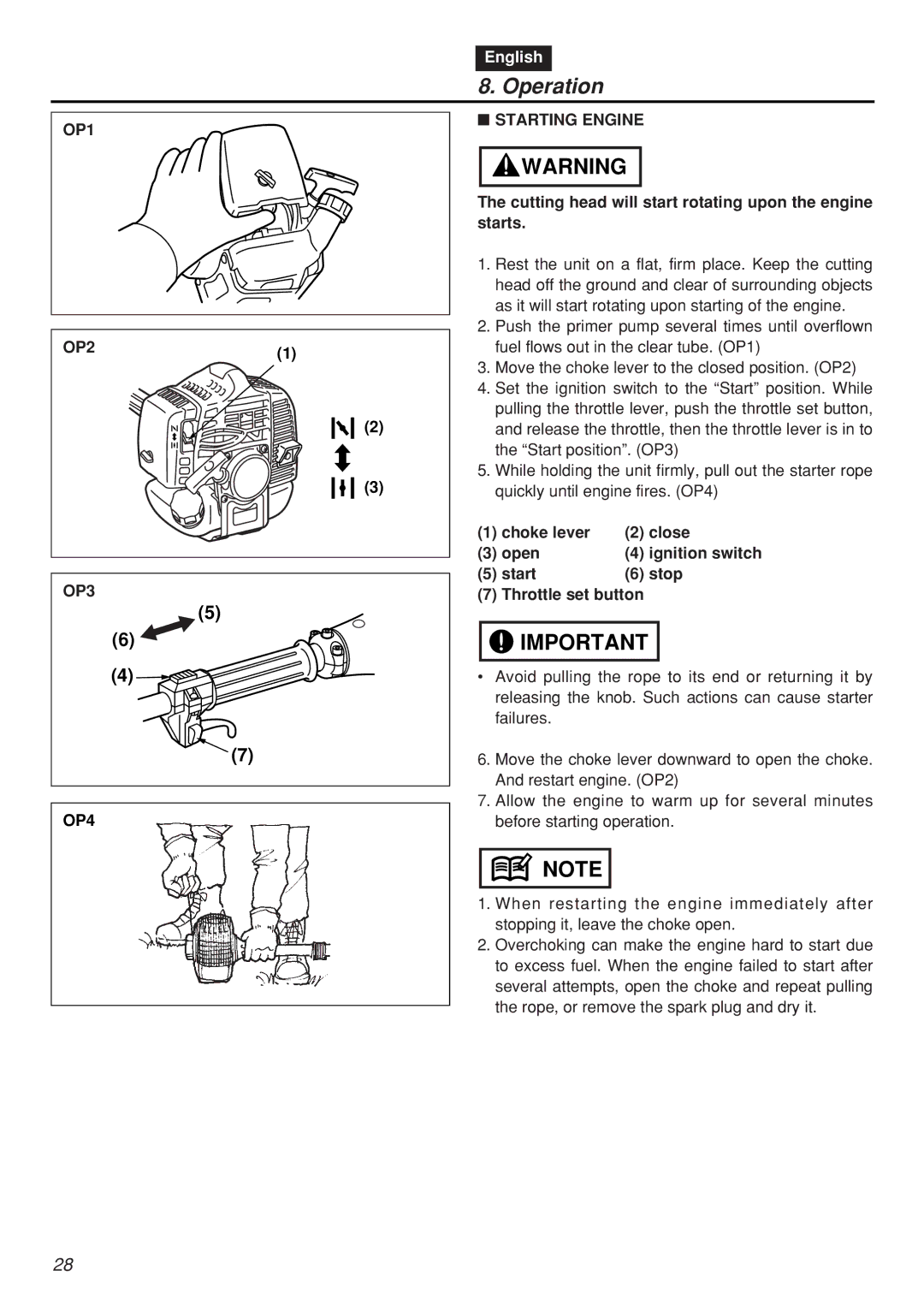 Zenoah SRTZ2401F-CA manual Operation, OP1 OP2 OP3, Starting Engine, Cutting head will start rotating upon the engine starts 