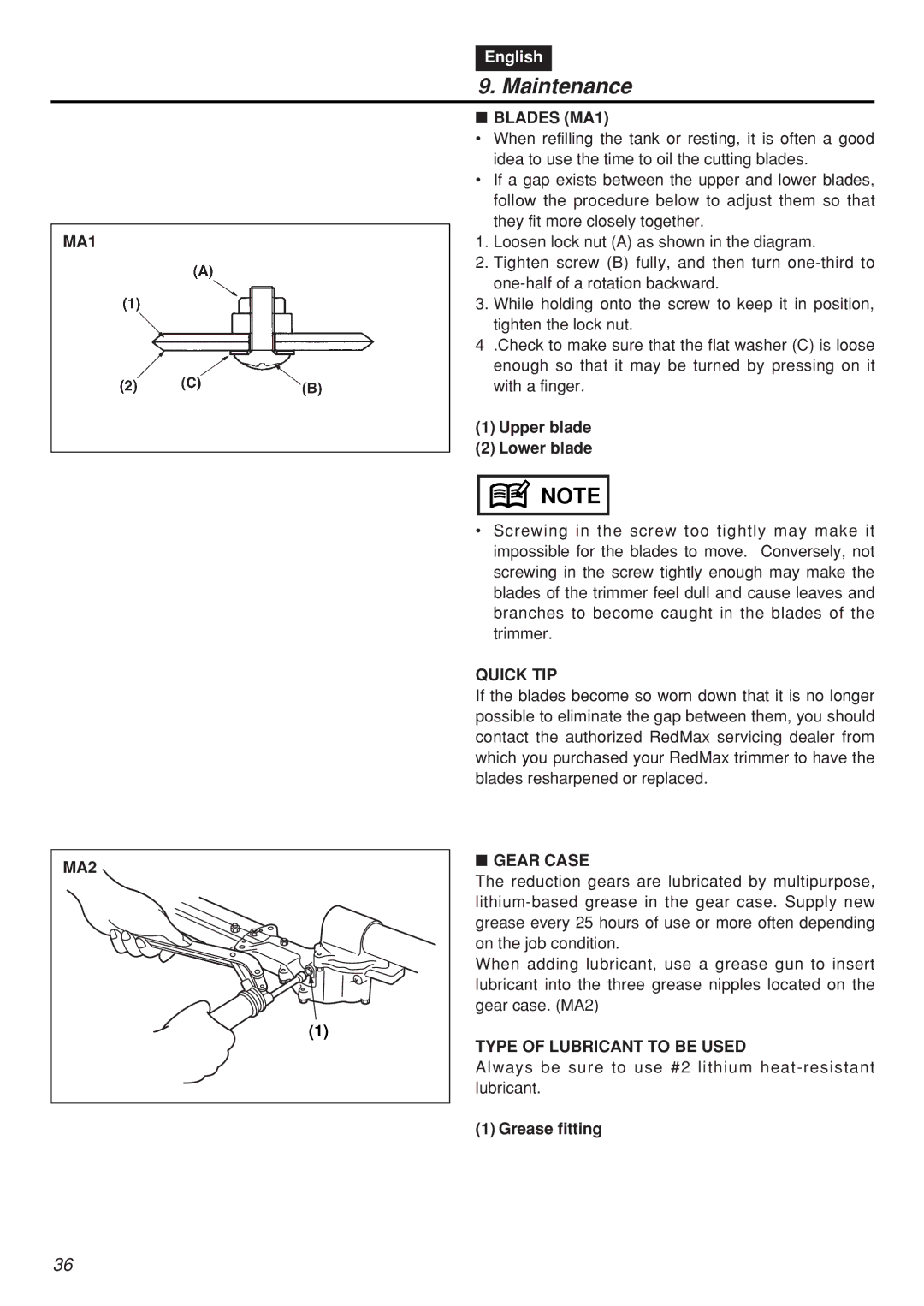 Zenoah SRTZ2401F-CA manual Blades MA1, Quick TIP, MA2, Gear Case, Type of Lubricant to be Used 