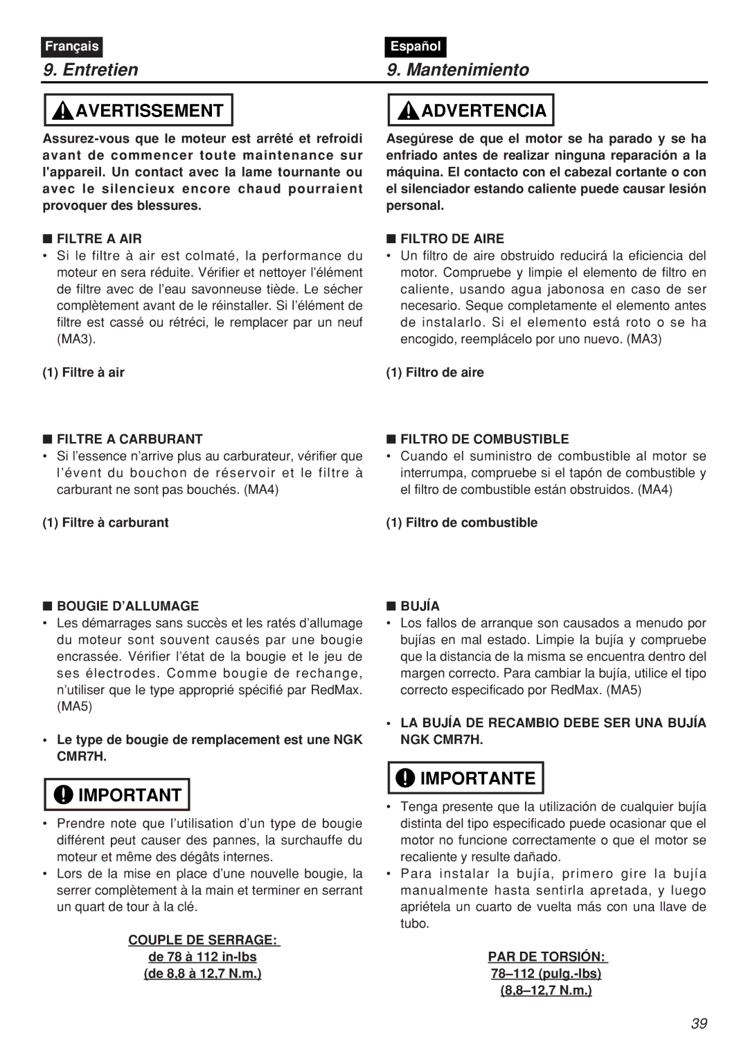 Zenoah SRTZ2401F-CA manual Filtre a AIR, Filtre a Carburant, Bougie D’ALLUMAGE, Couple DE Serrage, Filtro DE Aire, Bujía 