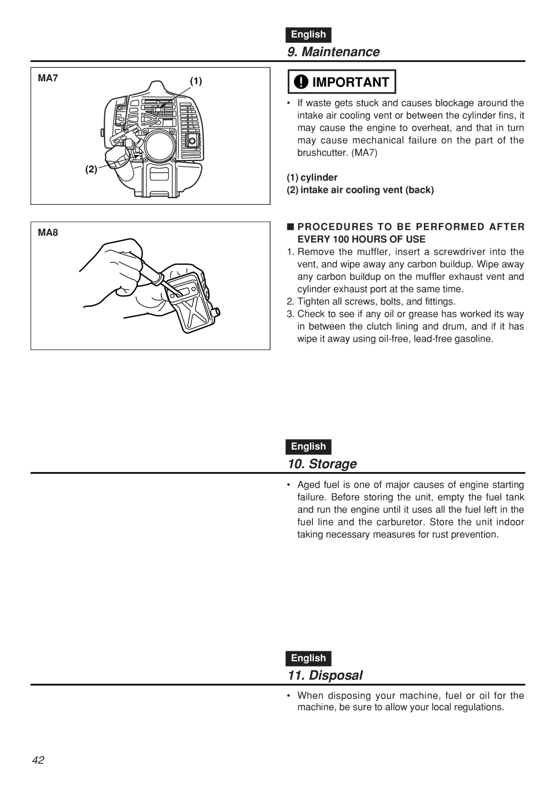 Zenoah SRTZ2401F-CA manual Storage, Disposal, MA7 MA8, Cylinder Intake air cooling vent back 