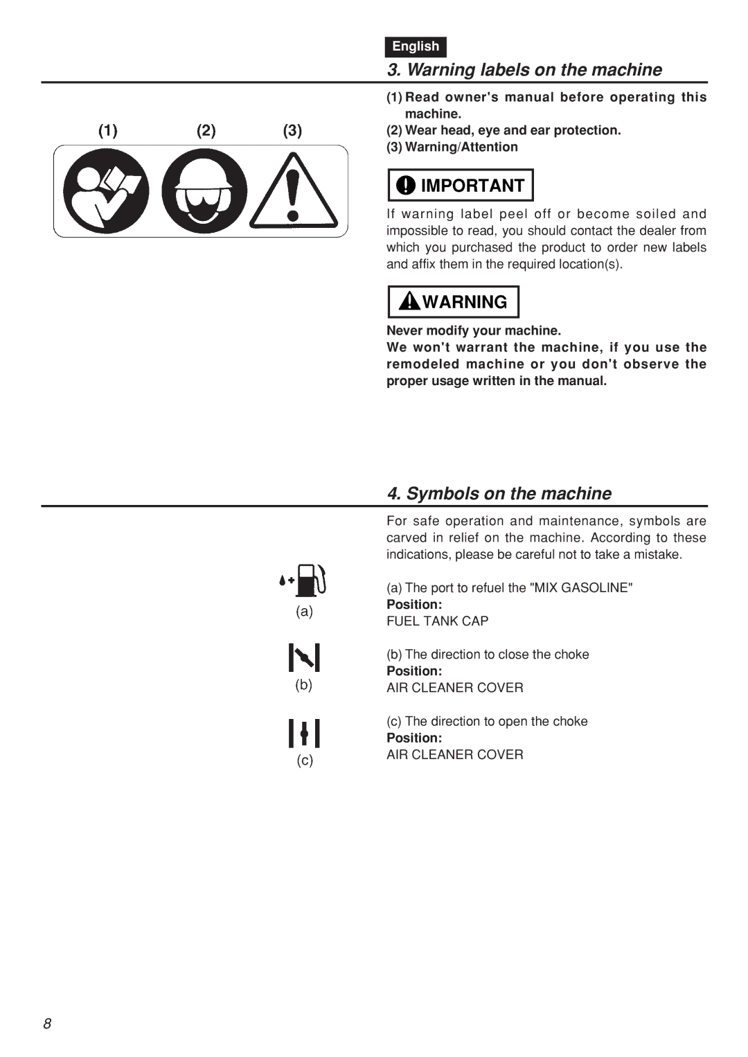 Zenoah SRTZ2401F-CA manual Symbols on the machine, Wear head, eye and ear protection, Position 