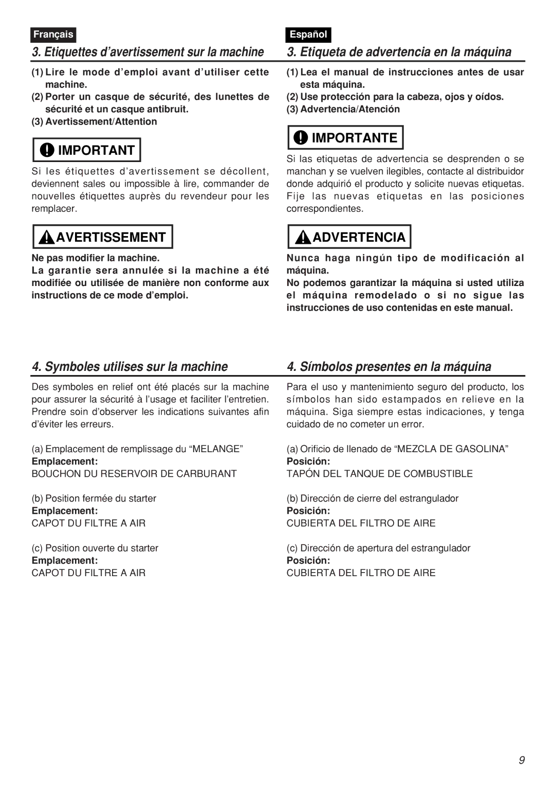 Zenoah SRTZ2401F-CA manual Emplacement, Posición 