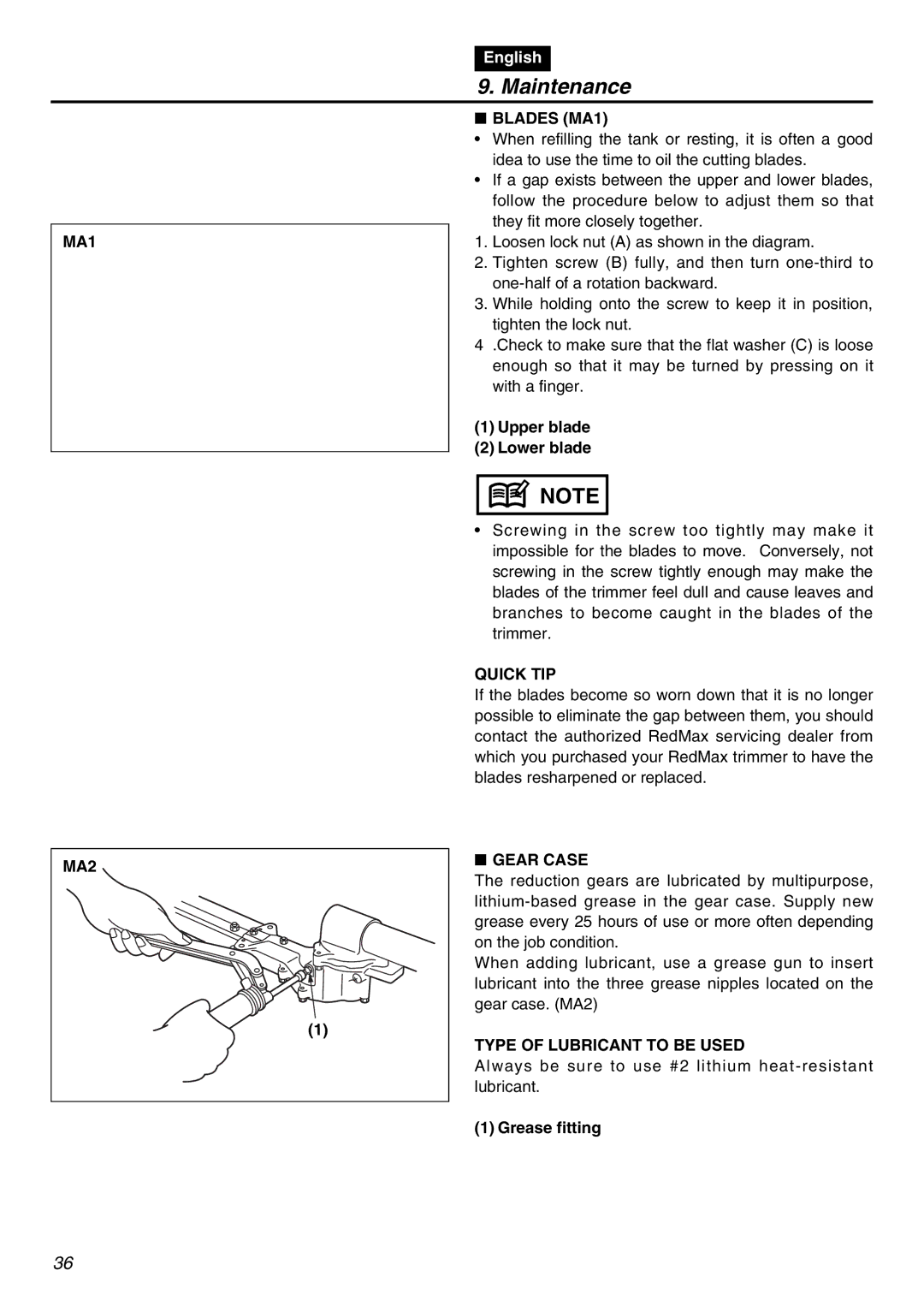 Zenoah SRTZ2401F manual Blades MA1, Quick TIP, MA2, Gear Case, Type of Lubricant to be Used 