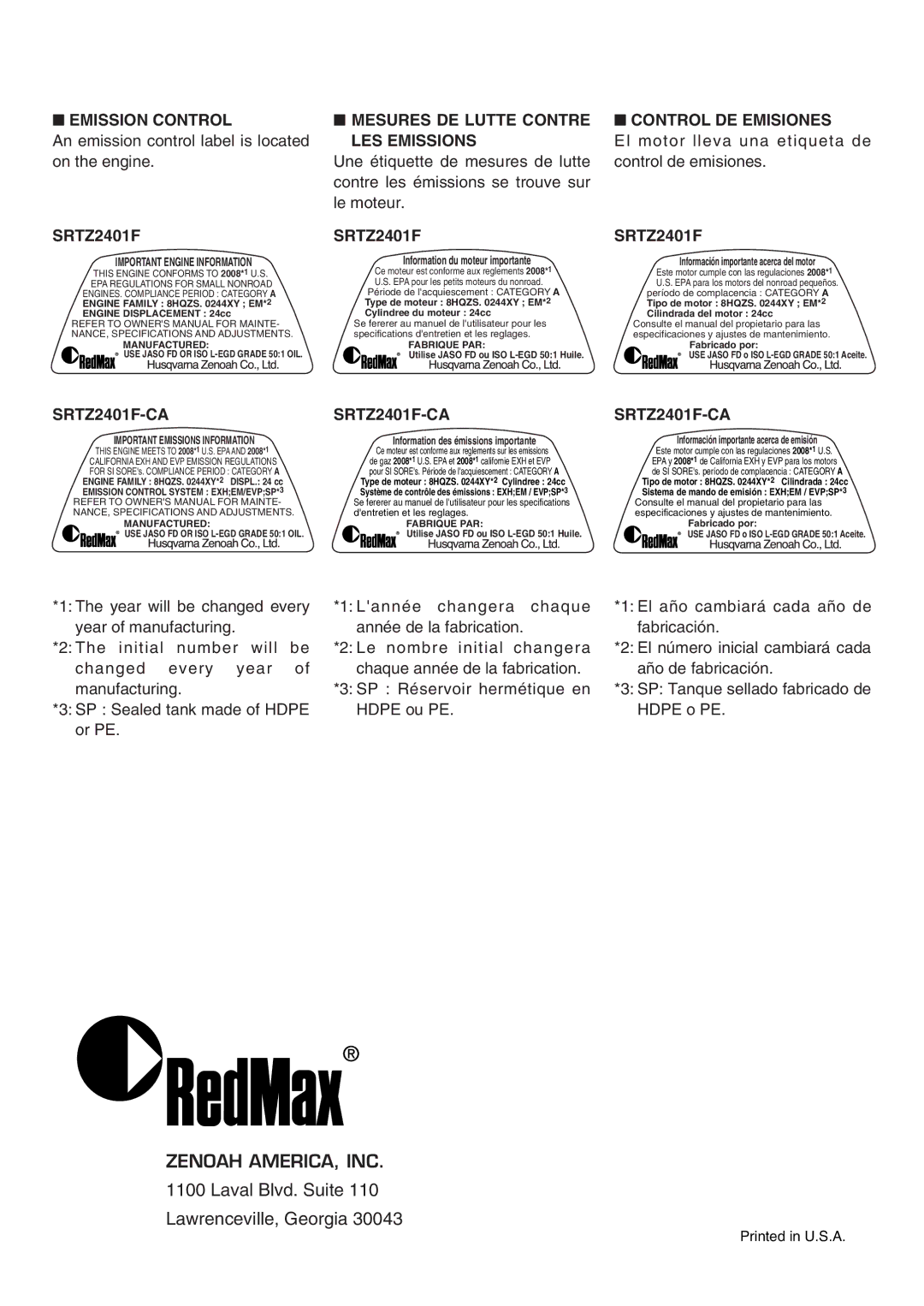 Zenoah manual Emission Control, Mesures DE Lutte Contre LES Emissions, Control DE Emisiones, SRTZ2401F-CA 