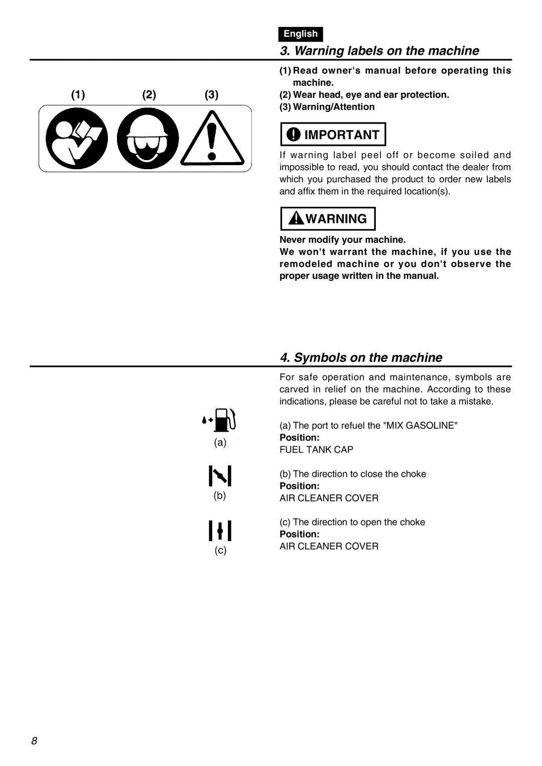 Zenoah SRTZ2401F manual Symbols on the machine, Wear head, eye and ear protection, Position 