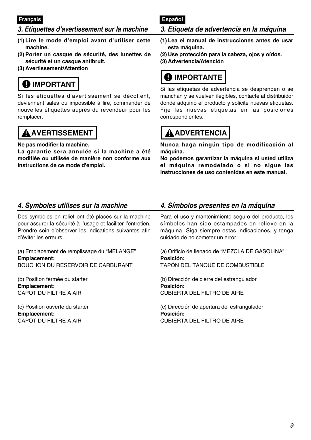 Zenoah SRTZ2401F manual Emplacement, Posición 