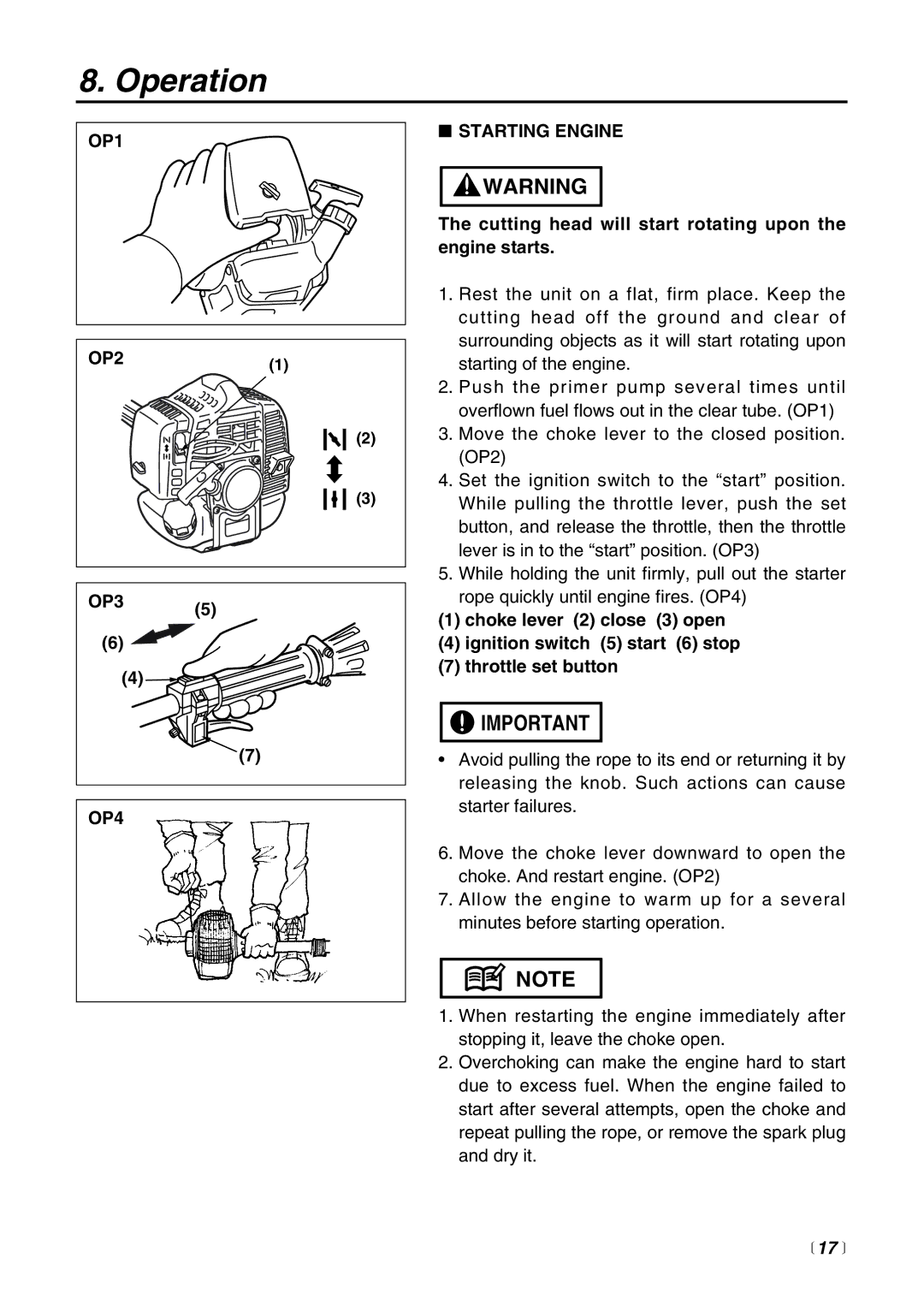 Zenoah SRTZ2500 manual Operation, OP1, OP4 Starting Engine,  17  