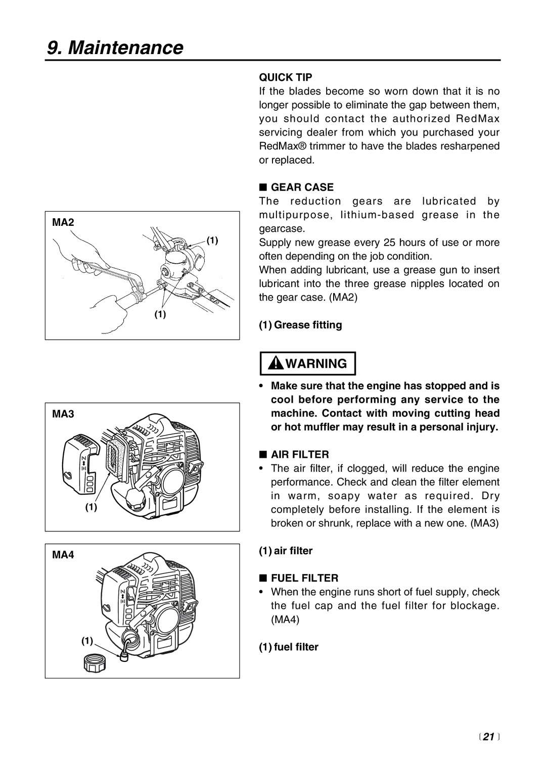 Zenoah SRTZ2500 manual MA2 MA3 MA4 Quick TIP, Gear Case, AIR Filter, Fuel Filter,  21  