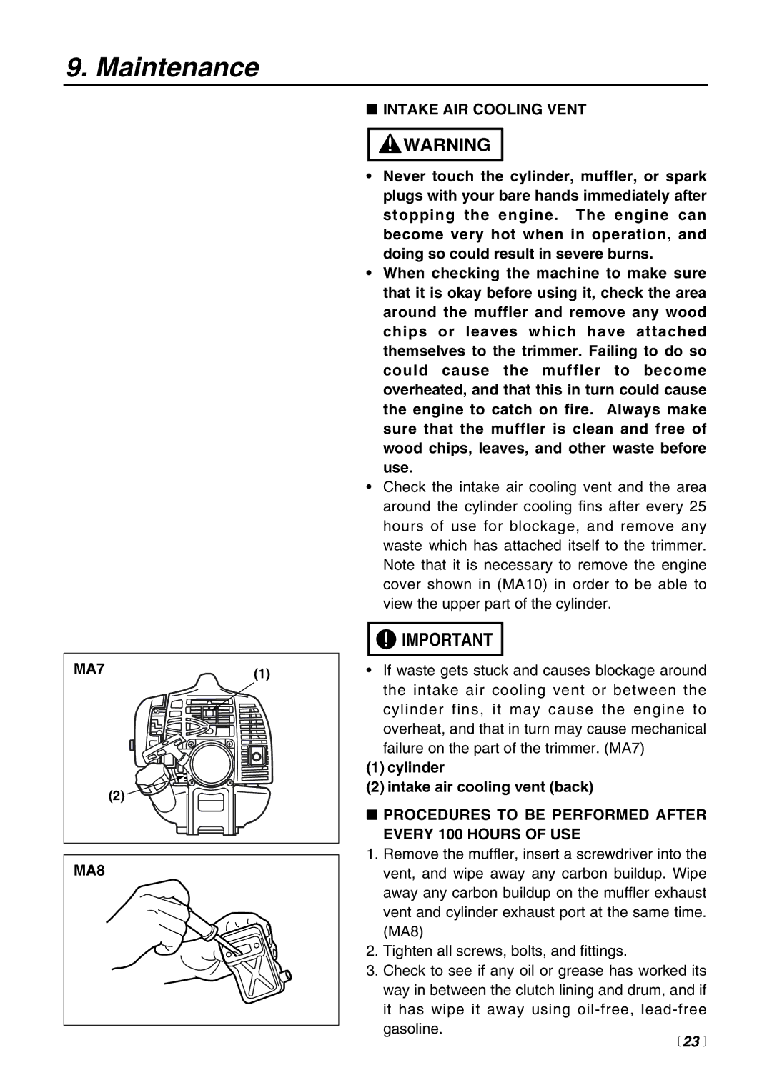 Zenoah SRTZ2500 manual MA8 Intake AIR Cooling Vent, Procedures to be Performed After Every 100 Hours of USE,  23  