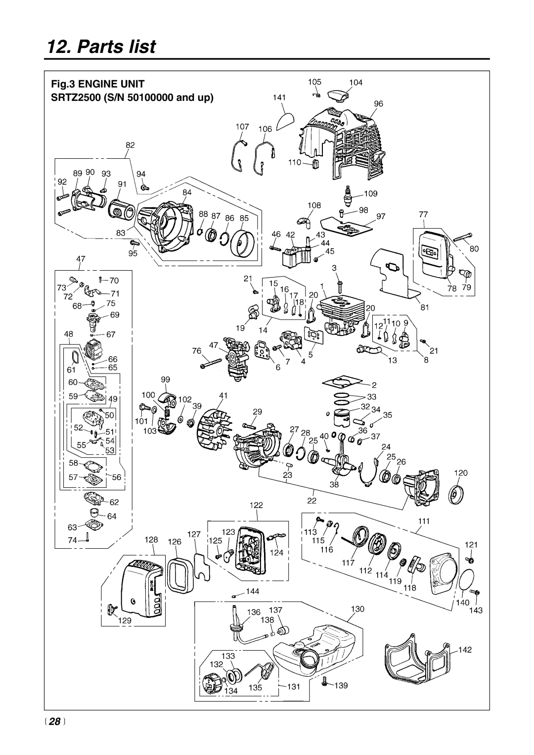 Zenoah manual Engine Unit SRTZ2500 S/N 50100000 and up,  28  