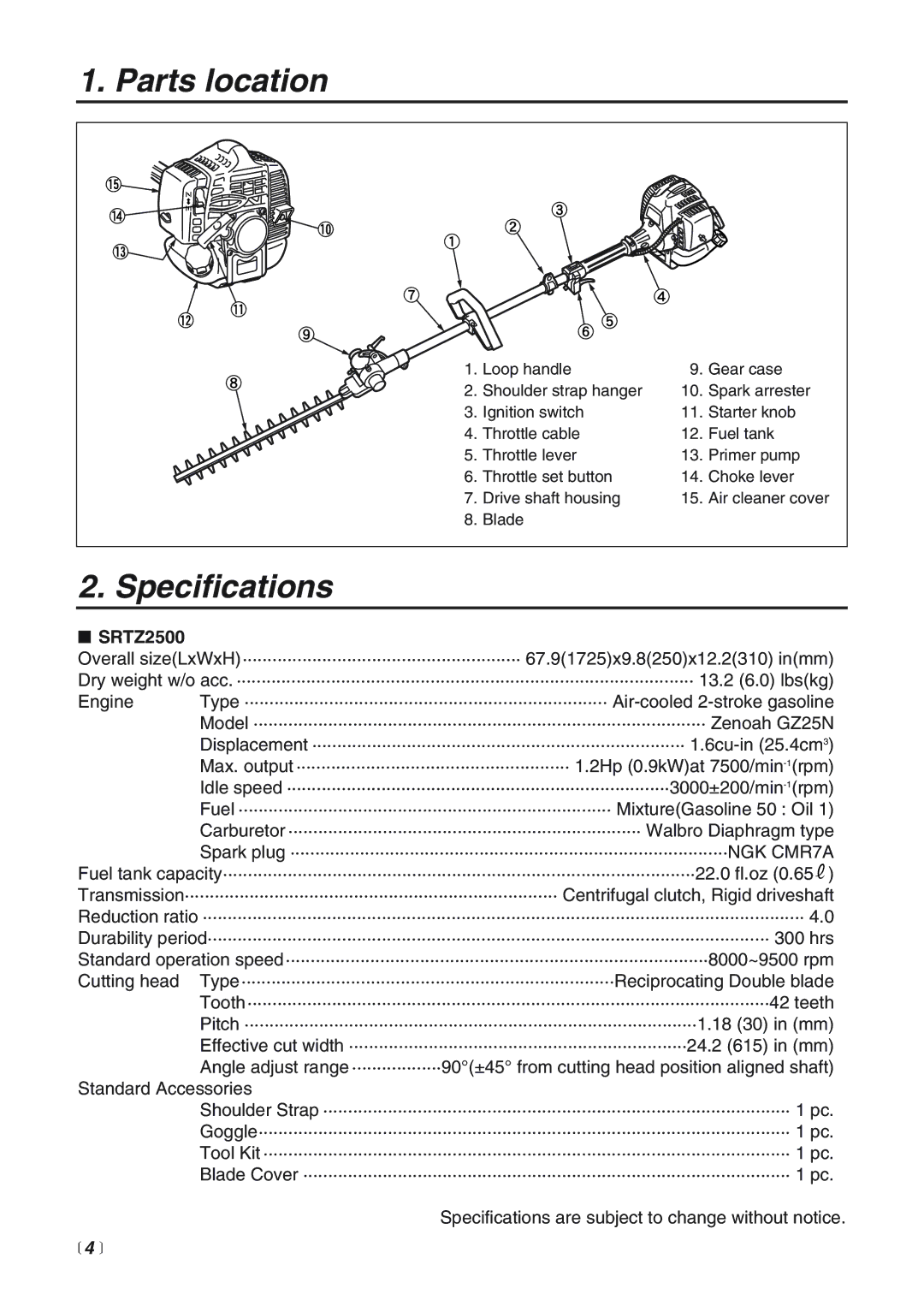 Zenoah SRTZ2500 manual Parts location, Specifications,  4  