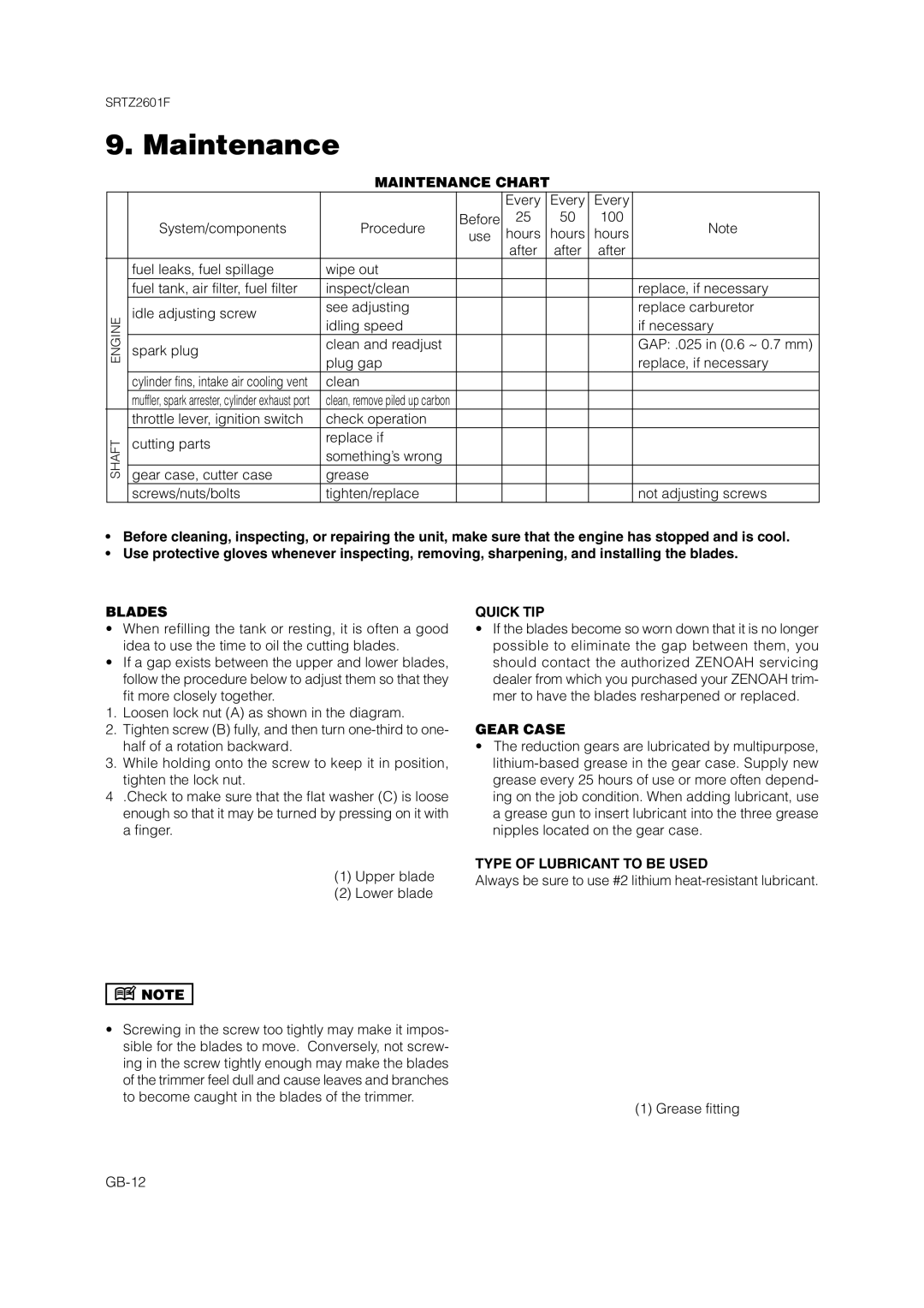 Zenoah SRTZ2601F owner manual Maintenance 