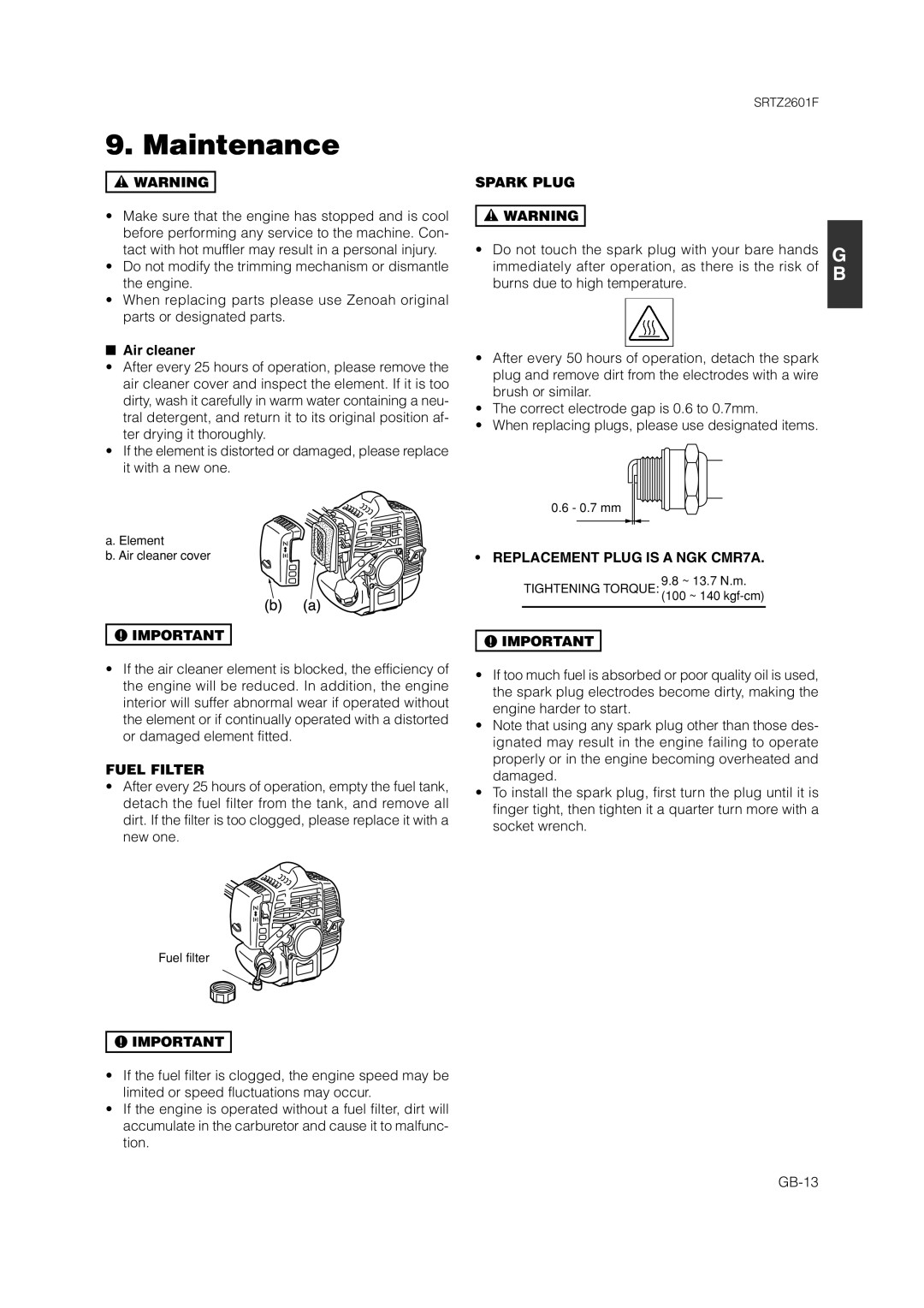 Zenoah SRTZ2601F owner manual Air cleaner, Spark Plug, Replacement Plug is a NGK CMR7A, Fuel Filter 