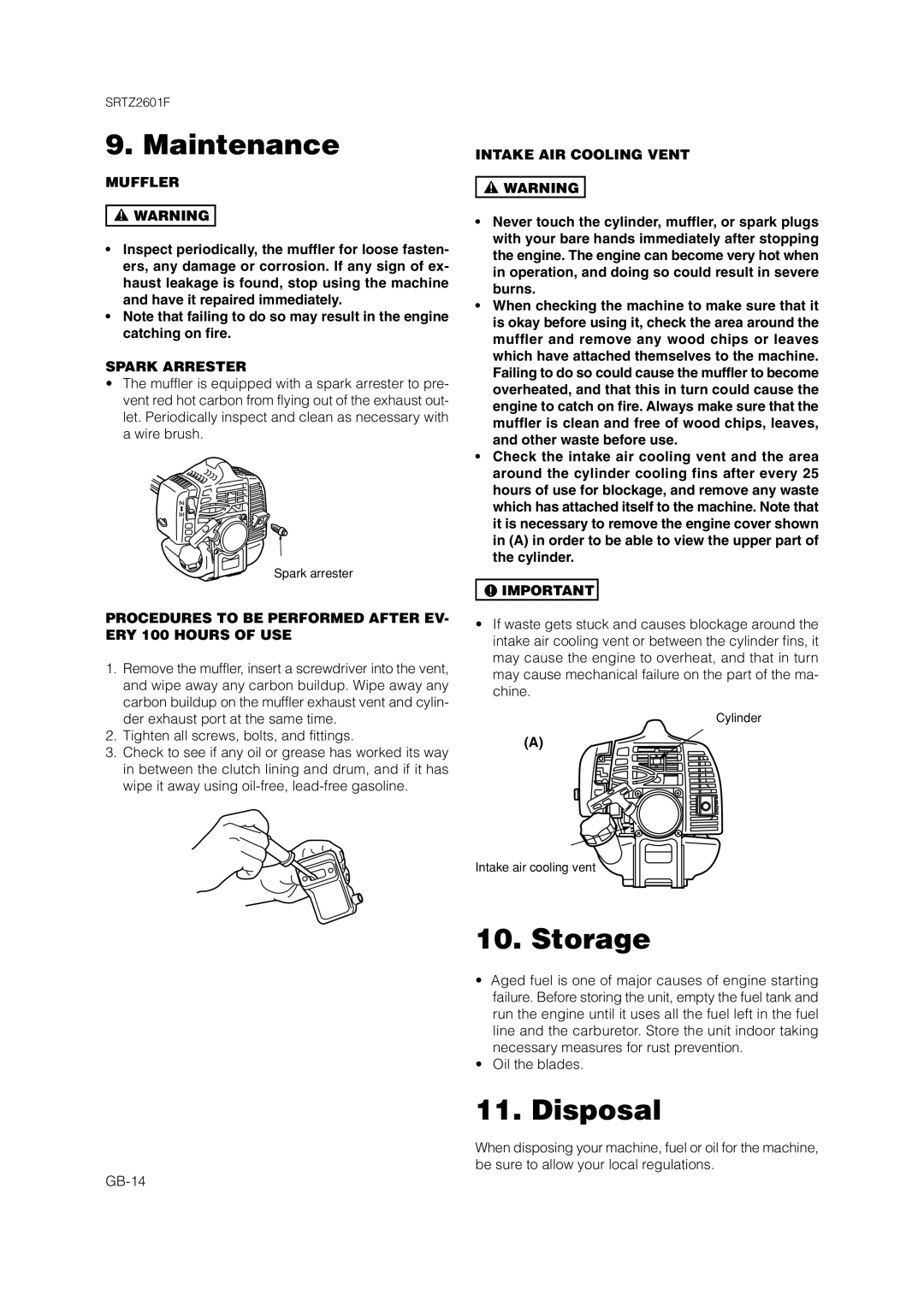 Zenoah SRTZ2601F owner manual Storage, Disposal 