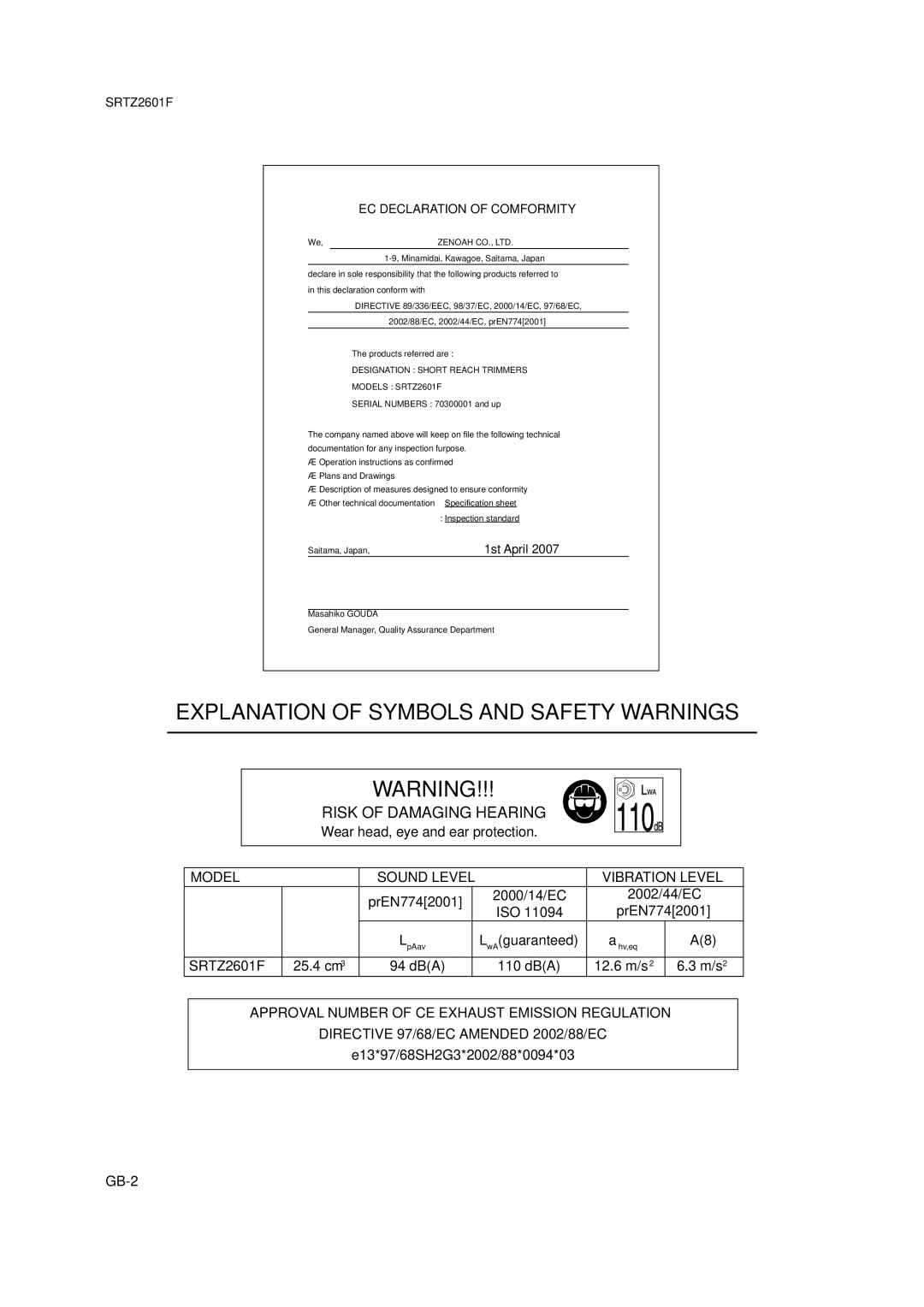 Zenoah SRTZ2601F Wear head, eye and ear protection, 25.4 cm 94 dBA 110 dBA, E13*97/68SH2G3*2002/88*0094*03, GB-2 