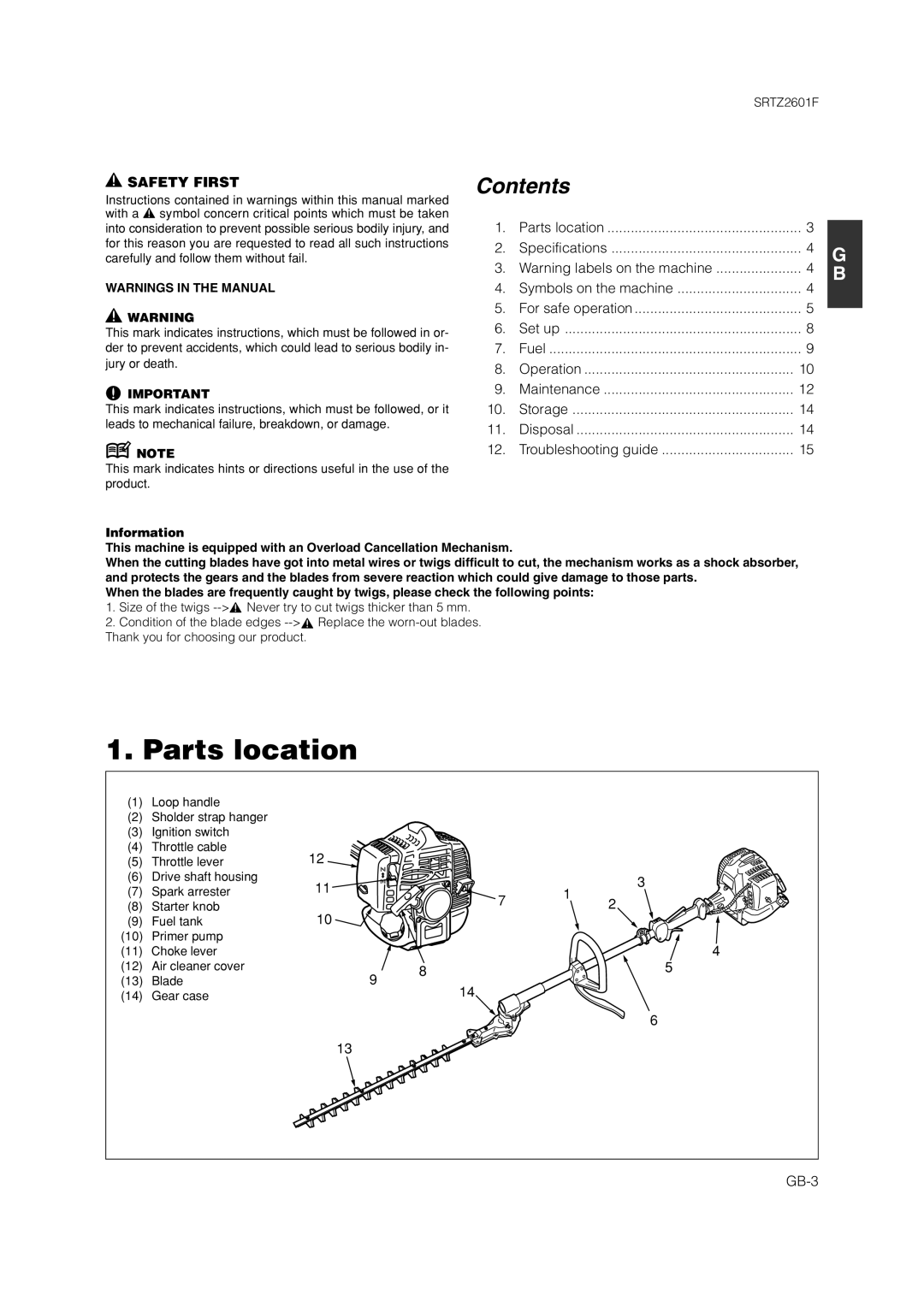 Zenoah SRTZ2601F owner manual Parts location, Contents 