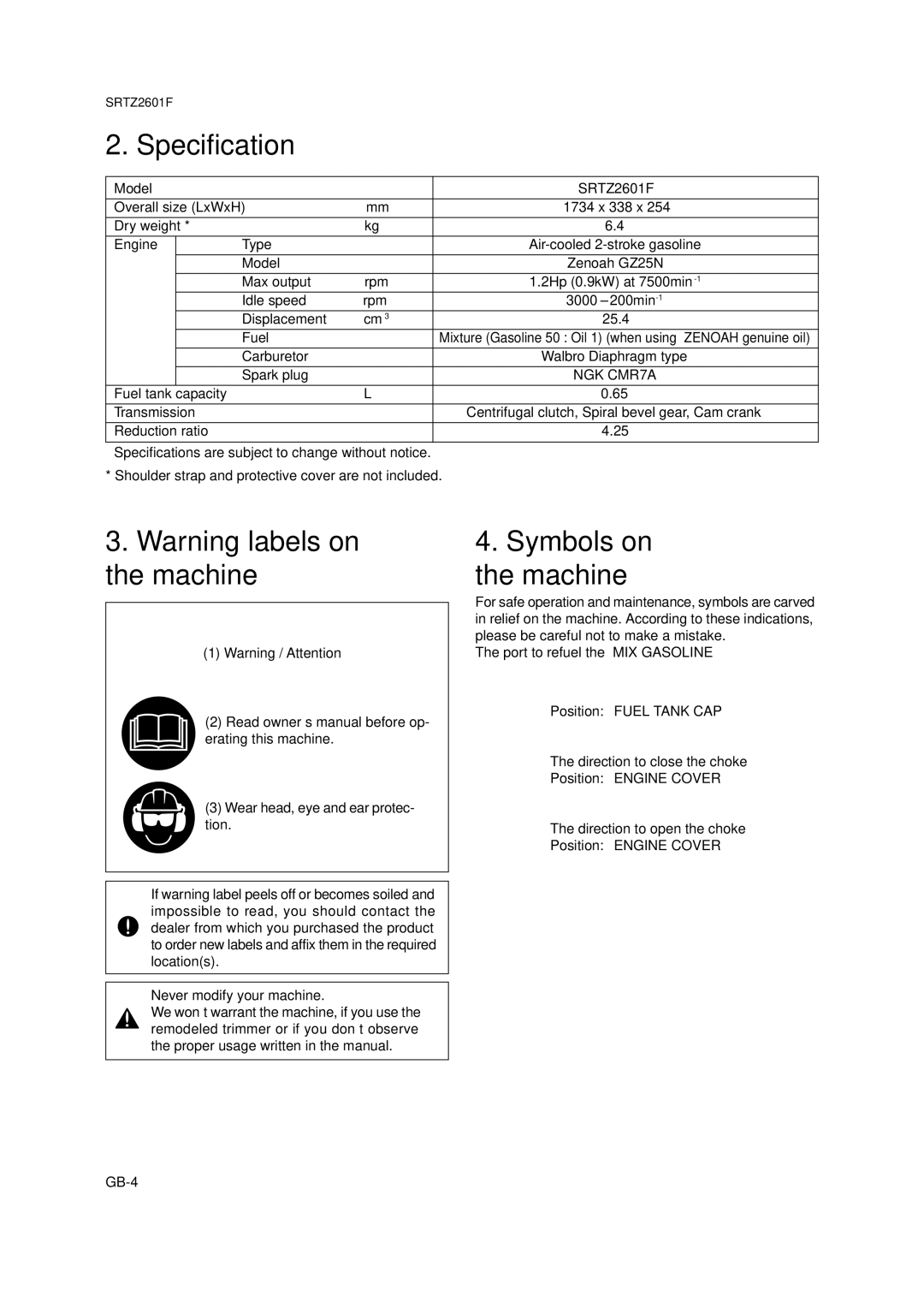 Zenoah SRTZ2601F owner manual Specification, Symbols on the machine 