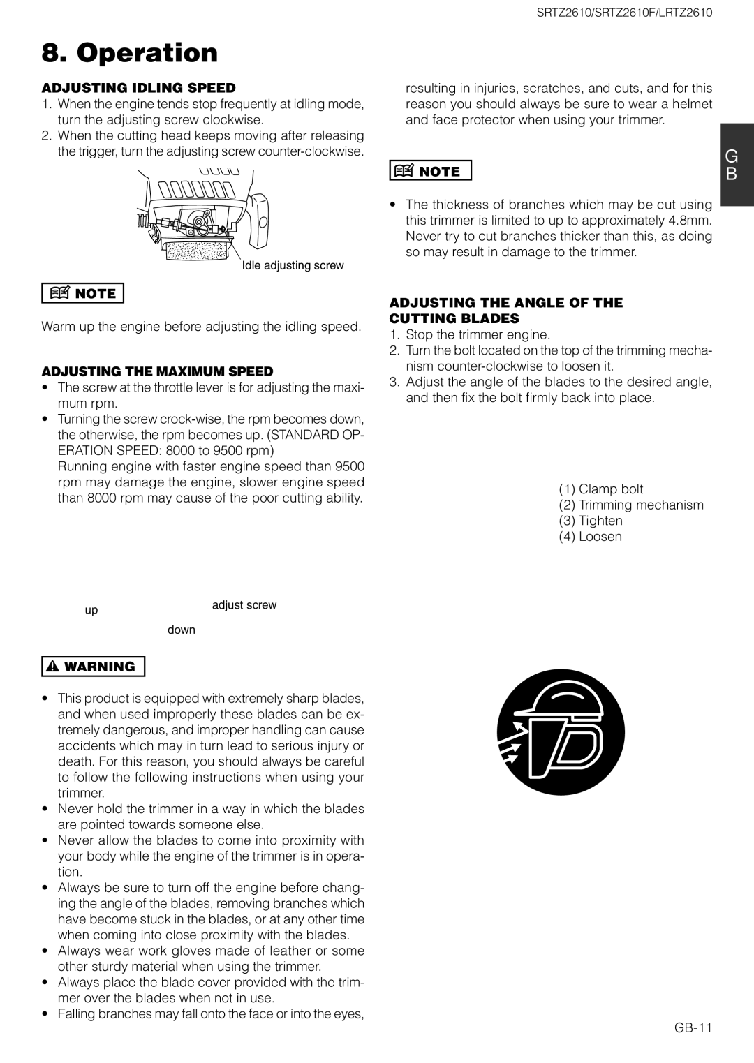 Zenoah LRTZ2610 Adjusting Idling Speed, Warm up the engine before adjusting the idling speed, Adjusting the Maximum Speed 