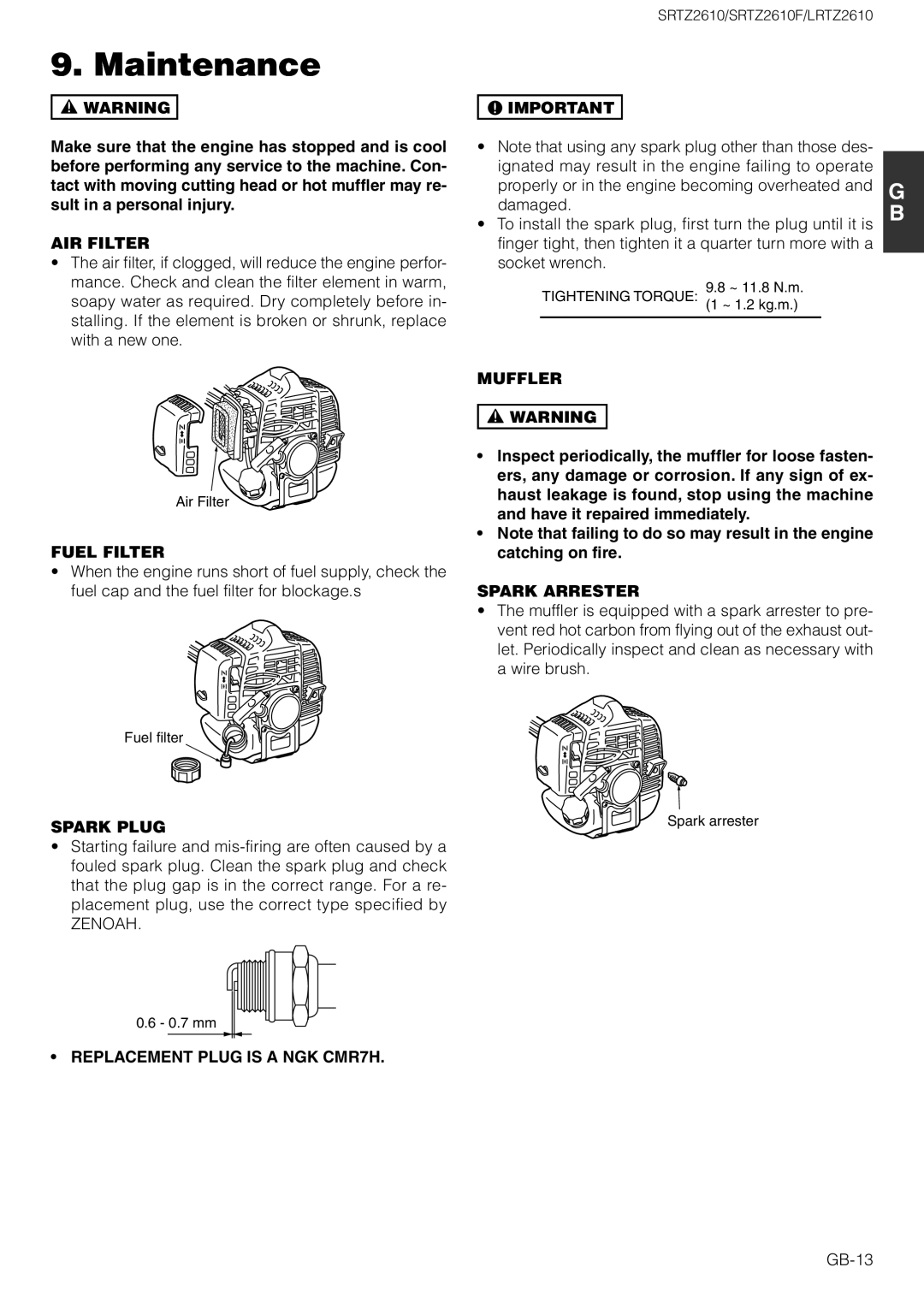 Zenoah SRTZ2610F AIR Filter, Fuel Filter, Spark Plug, Muffler, Spark Arrester, Replacement Plug is a NGK CMR7H 