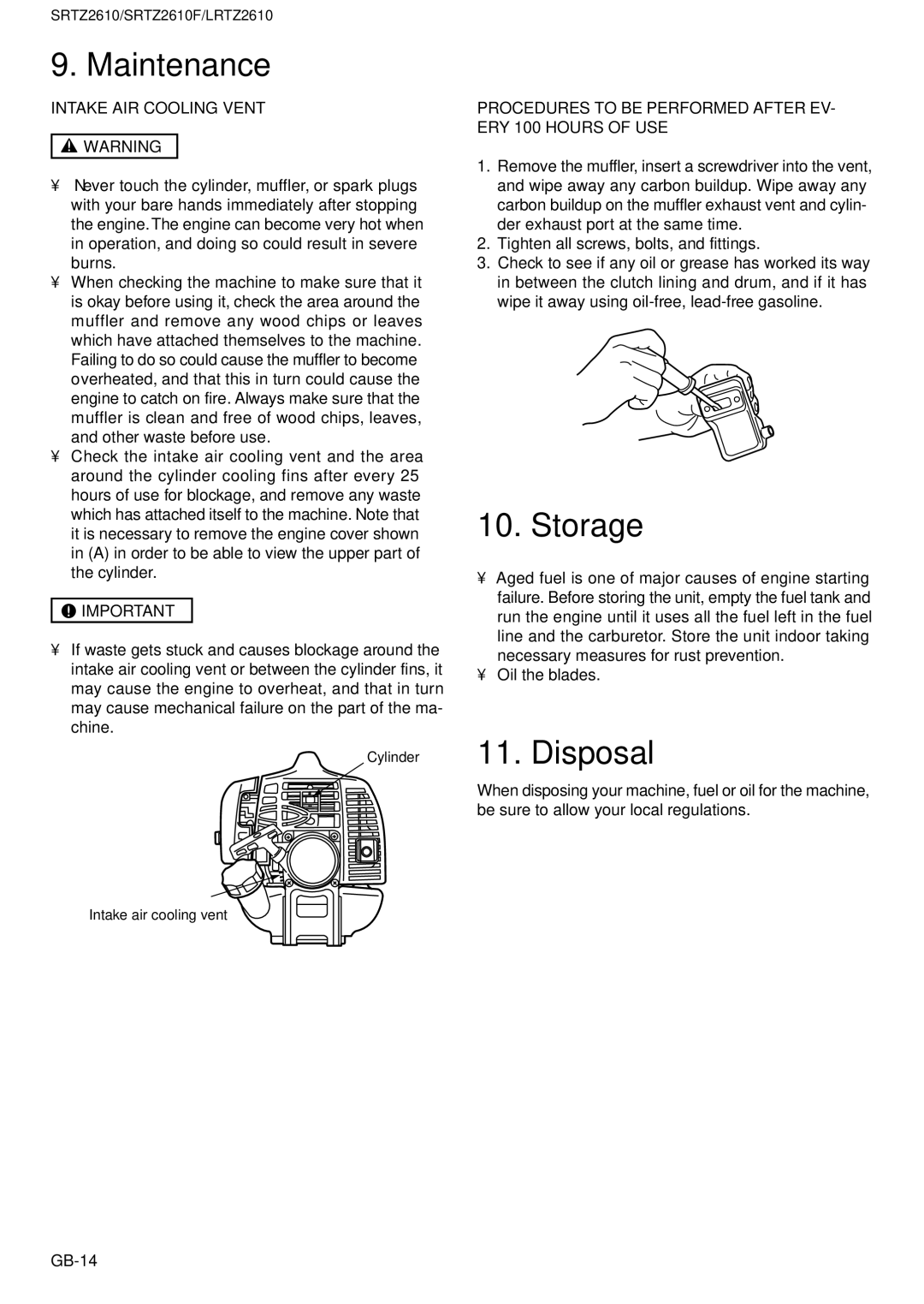 Zenoah LRTZ2610 Storage, Disposal, Intake AIR Cooling Vent, Procedures to be Performed After EV- ERY 100 Hours of USE 