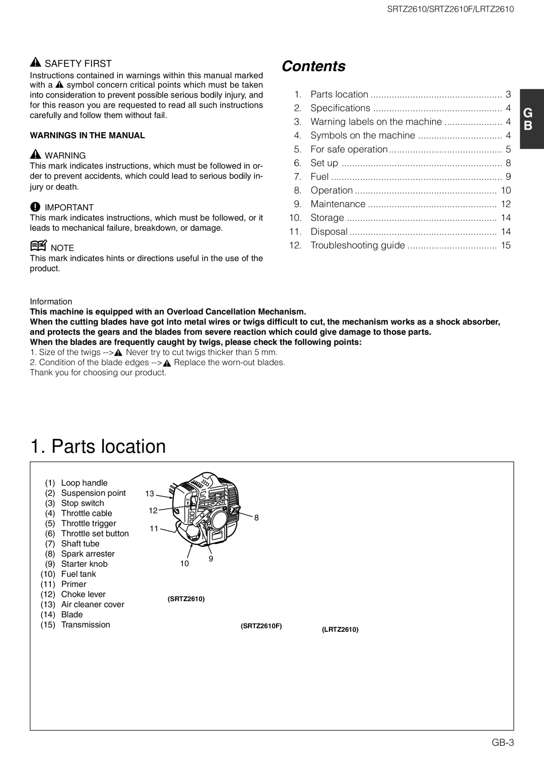 Zenoah SRTZ2610F, LRTZ2610 owner manual Parts location, Contents 