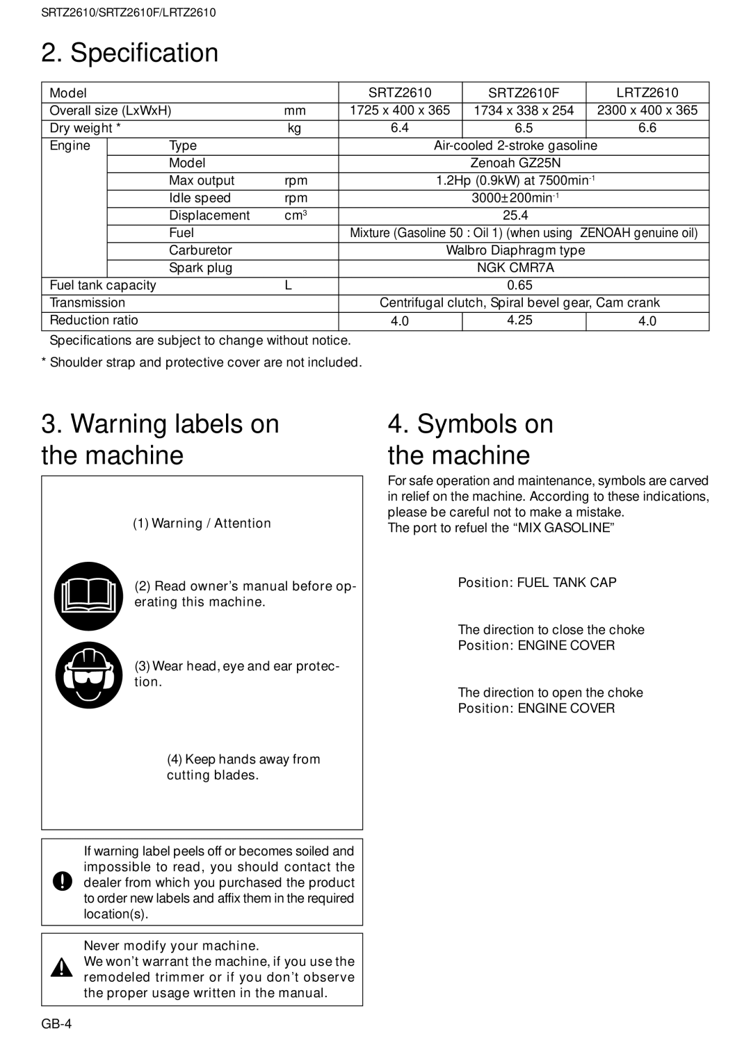 Zenoah LRTZ2610 owner manual Specification, Symbols on the machine, SRTZ2610F 