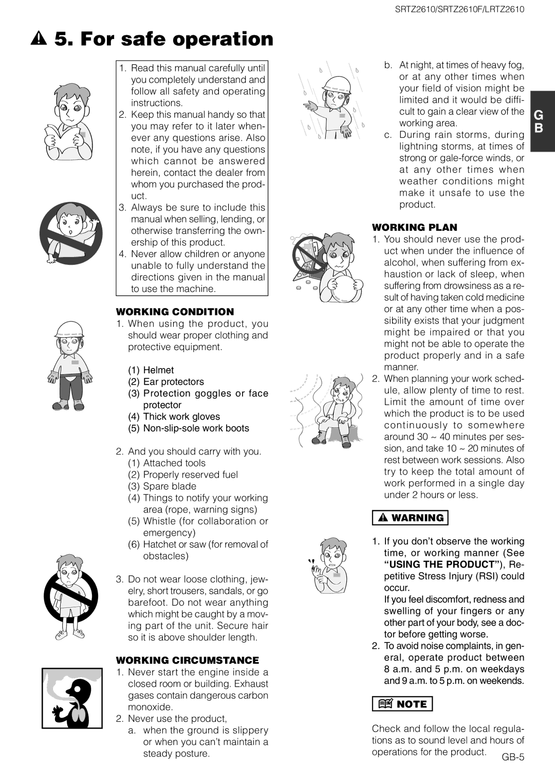 Zenoah LRTZ2610, SRTZ2610F owner manual For safe operation, Working Condition, Working Circumstance, Working Plan 