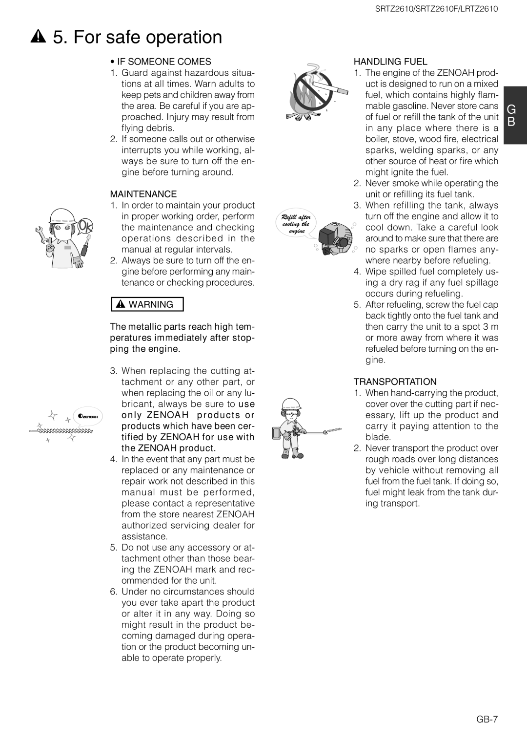 Zenoah SRTZ2610F, LRTZ2610 owner manual If Someone Comes, Maintenance, Handling Fuel, Transportation 