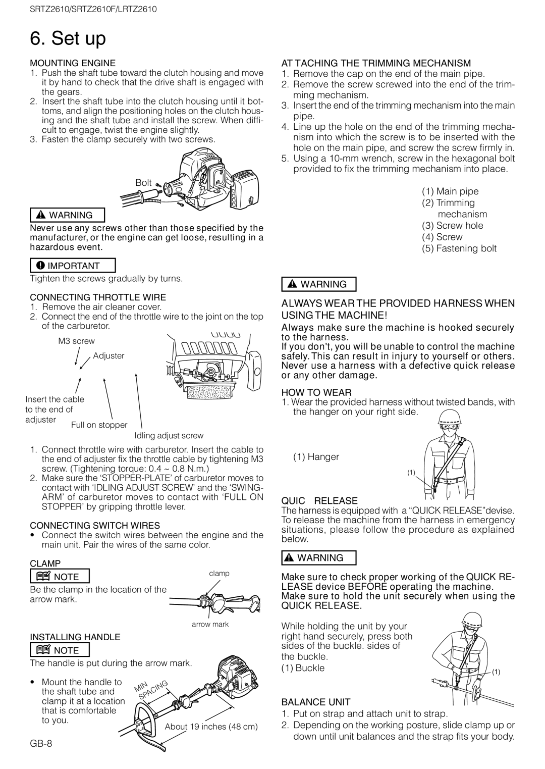 Zenoah LRTZ2610, SRTZ2610F owner manual Set up, Attaching the Trimming Mechanism, HOW to Wear, Quick Release, Balance Unit 