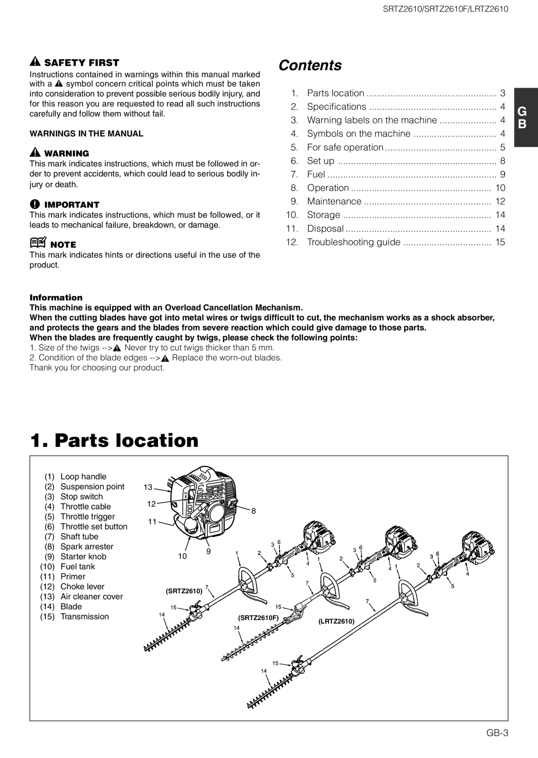 Zenoah SRTZ2610F, LRTZ2610 owner manual Parts location, Safety First, Contents 