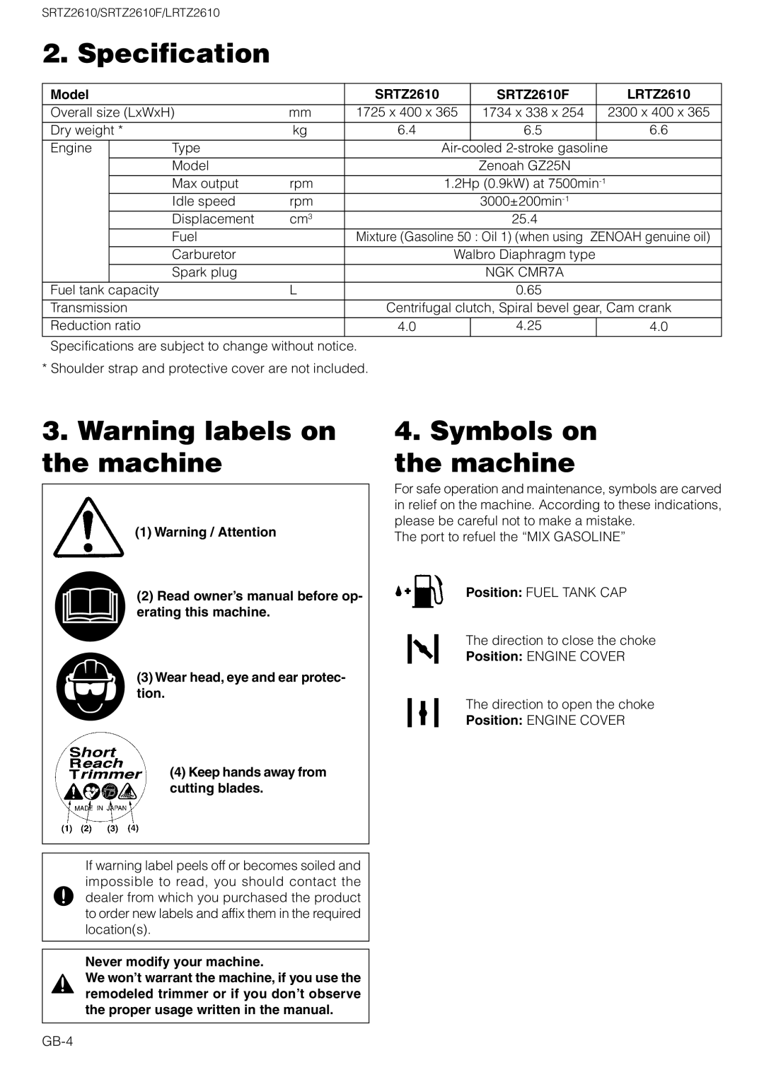 Zenoah owner manual Specification, Warning labels on the machine, Symbols on the machine, Model, SRTZ2610F, LRTZ2610 